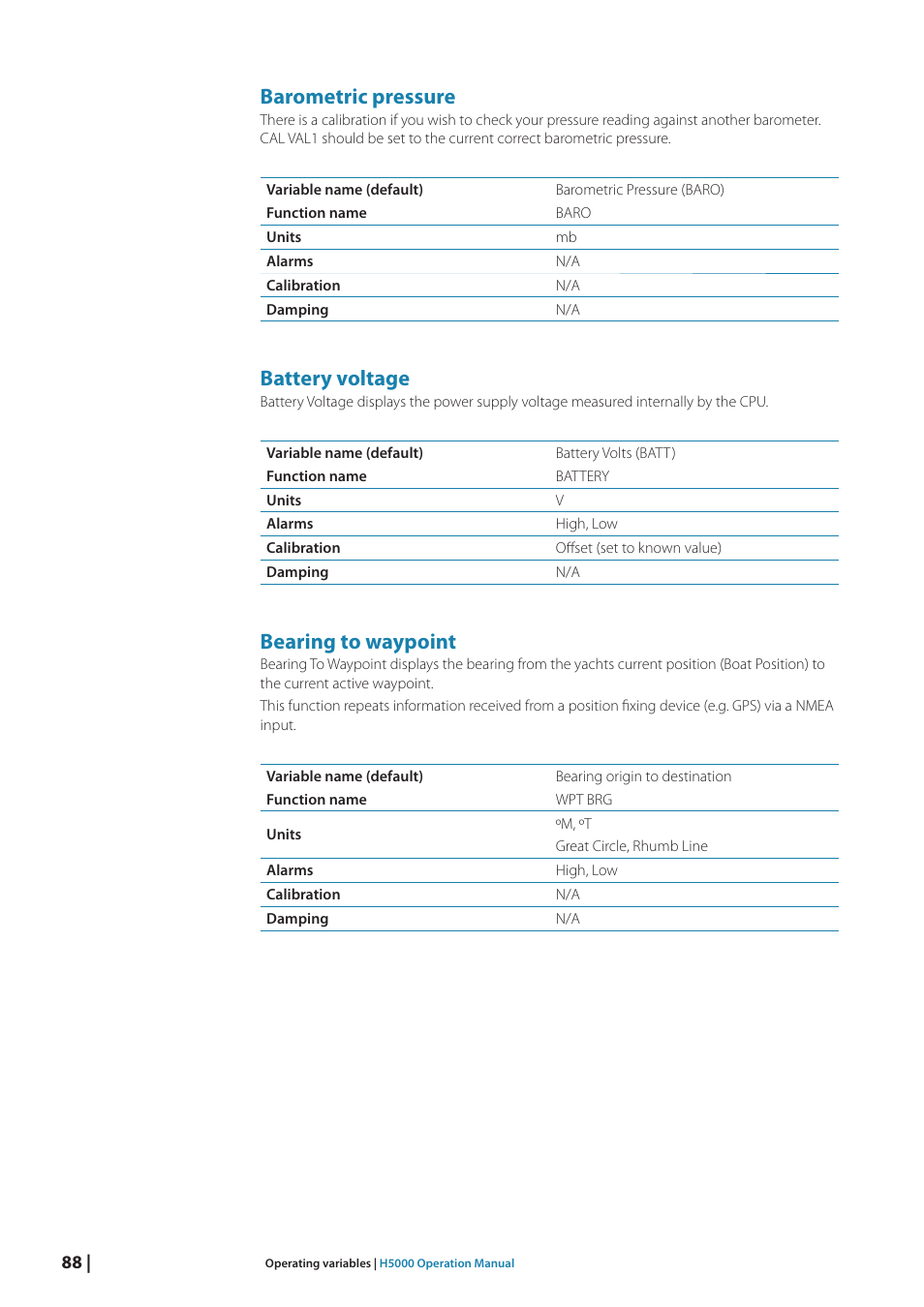 Barometric pressure, Battery voltage, Bearing to waypoint | B&G H5000 Analogue Expansion User Manual | Page 88 / 117