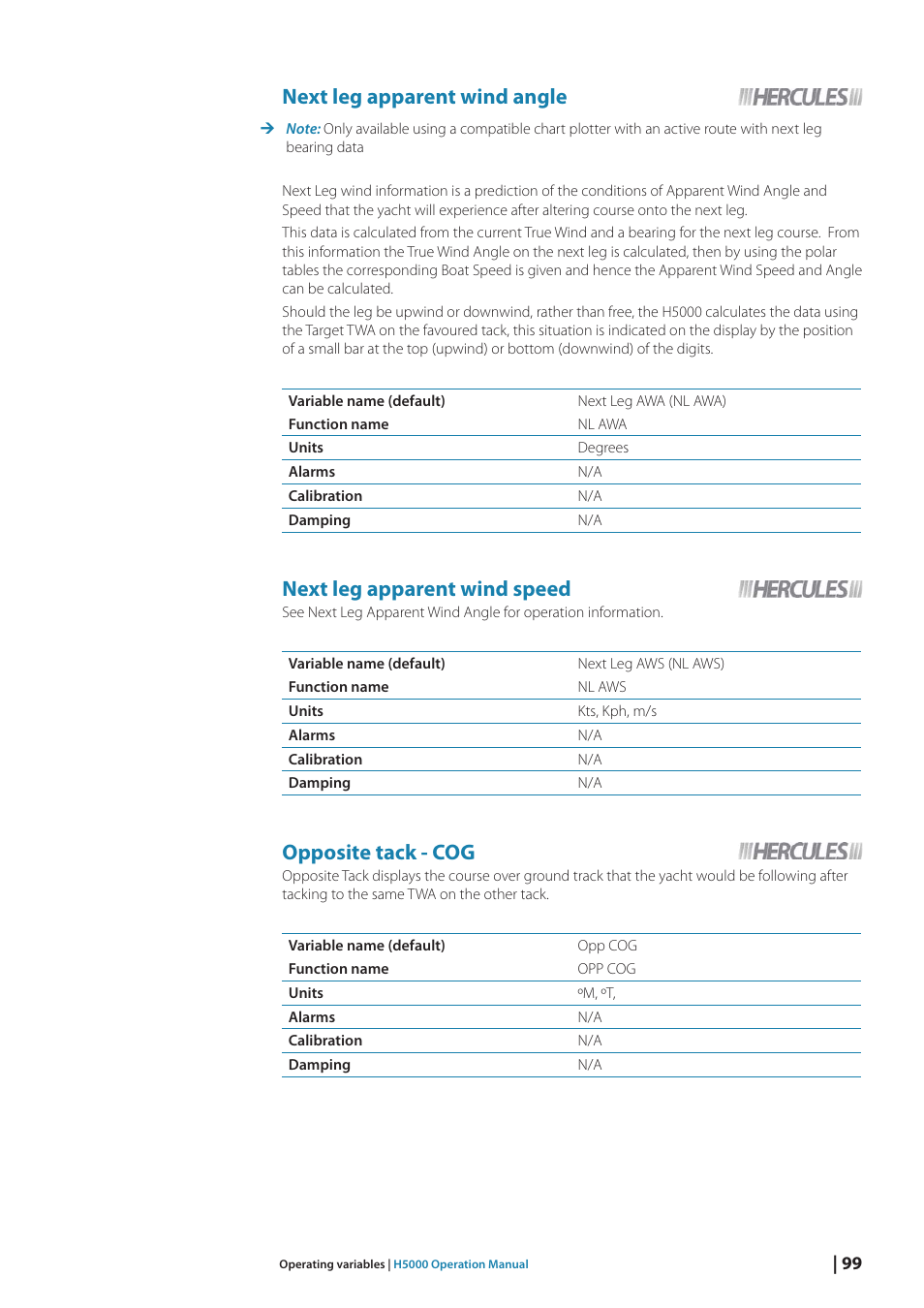 Next leg apparent wind angle, Next leg apparent wind speed, Opposite tack - cog | B&G H5000 Analogue Expansion User Manual | Page 99 / 117