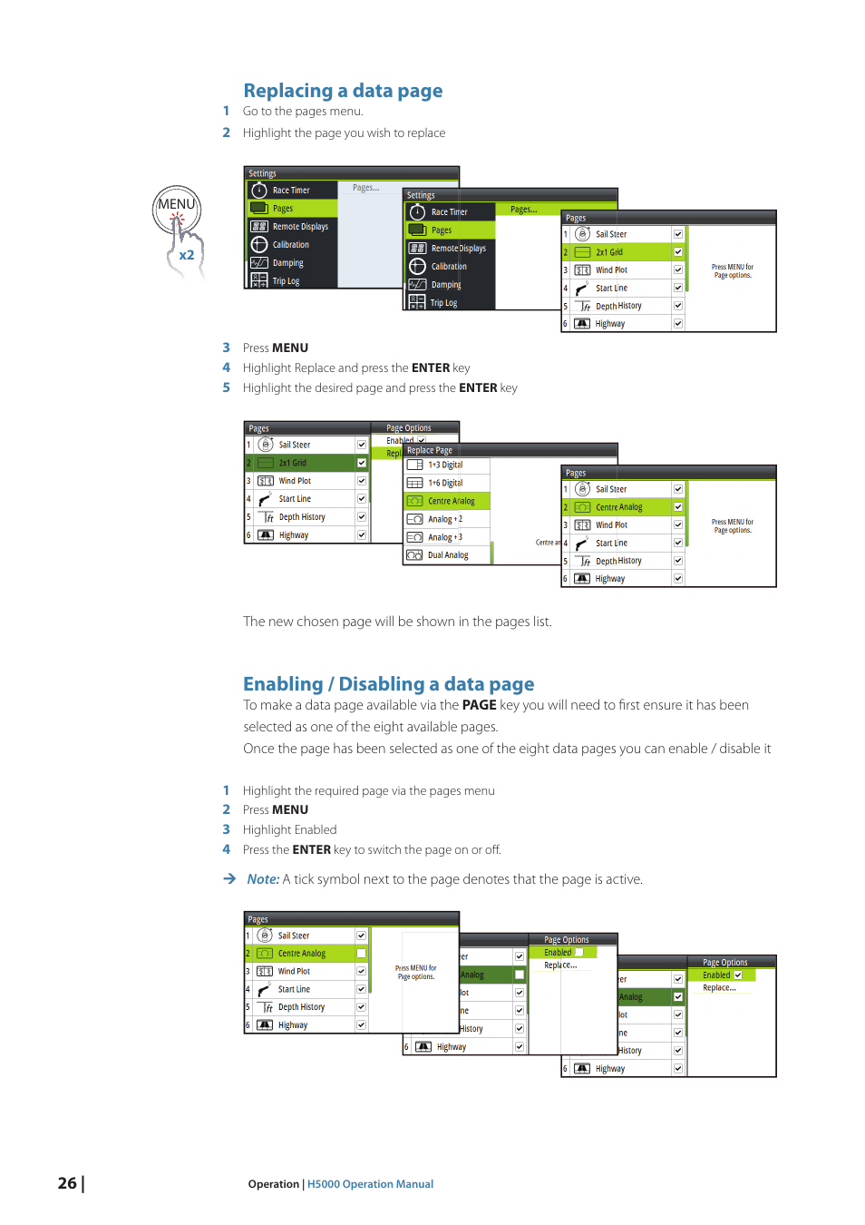 Replacing a data page, Enabling / disabling a data page | B&G H5000 Pilot Computer User Manual | Page 26 / 109