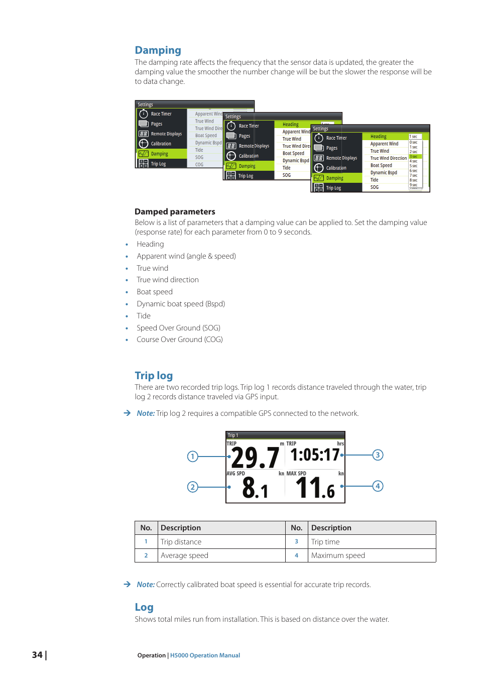 Damping, Trip log | B&G H5000 Pilot Computer User Manual | Page 34 / 109
