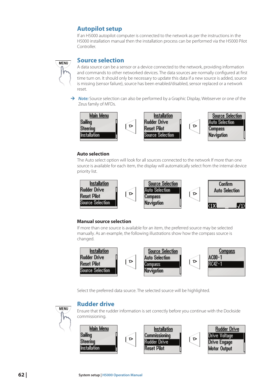 Autopilot setup, Source selection, Rudder drive | B&G H5000 Pilot Computer User Manual | Page 62 / 109