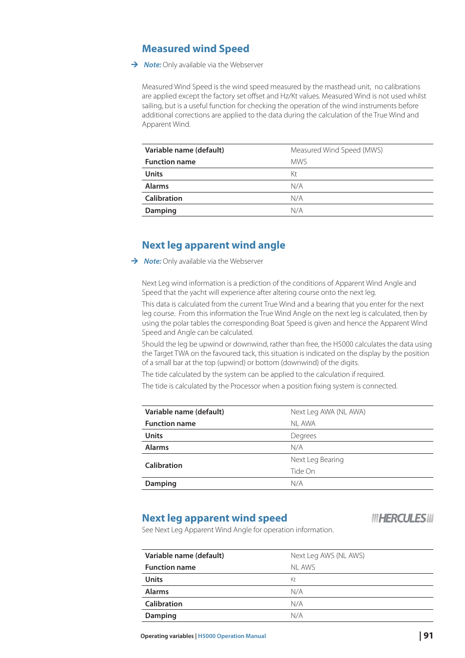 Measured wind speed, Next leg apparent wind angle, Next leg apparent wind speed | B&G H5000 Pilot Computer User Manual | Page 91 / 109