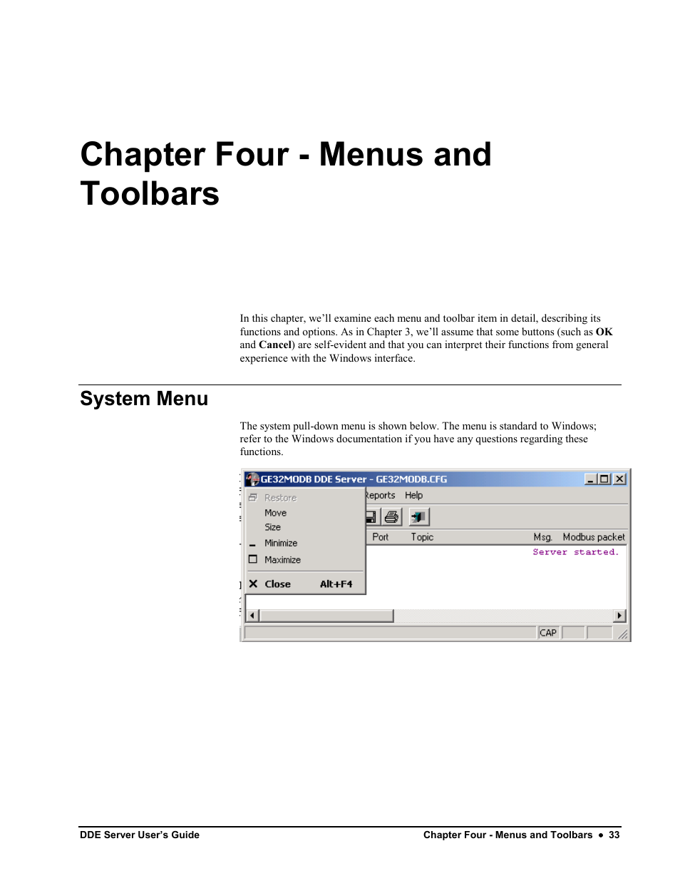 Chapter four ˚ menus and toolbars, System menu, Chapter four - menus and toolbars | Black Box GEH-6510 User Manual | Page 36 / 92
