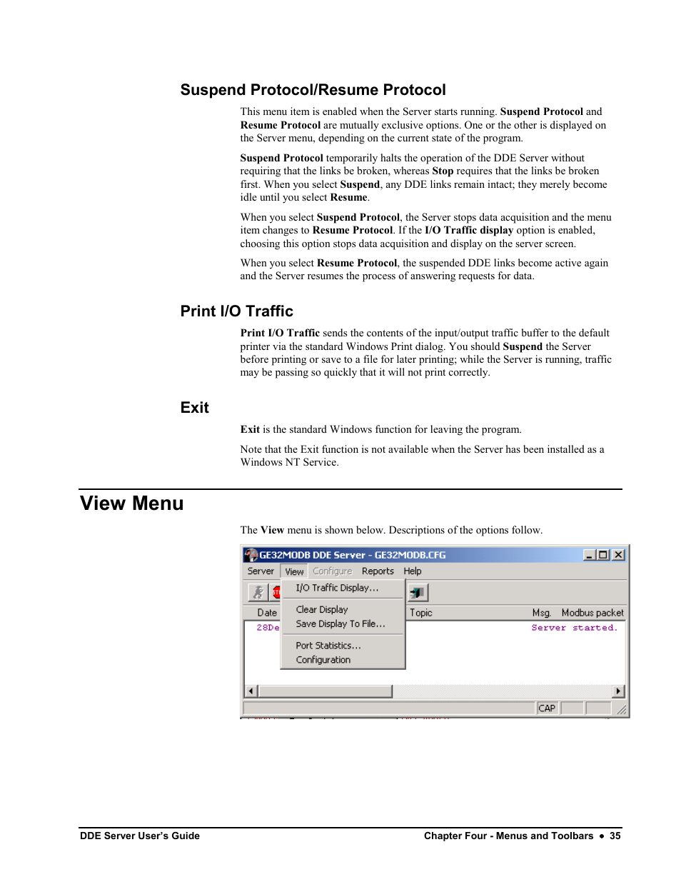 Suspend protocol/resume protocol, Print i/o traffic, Exit | View menu | Black Box GEH-6510 User Manual | Page 38 / 92