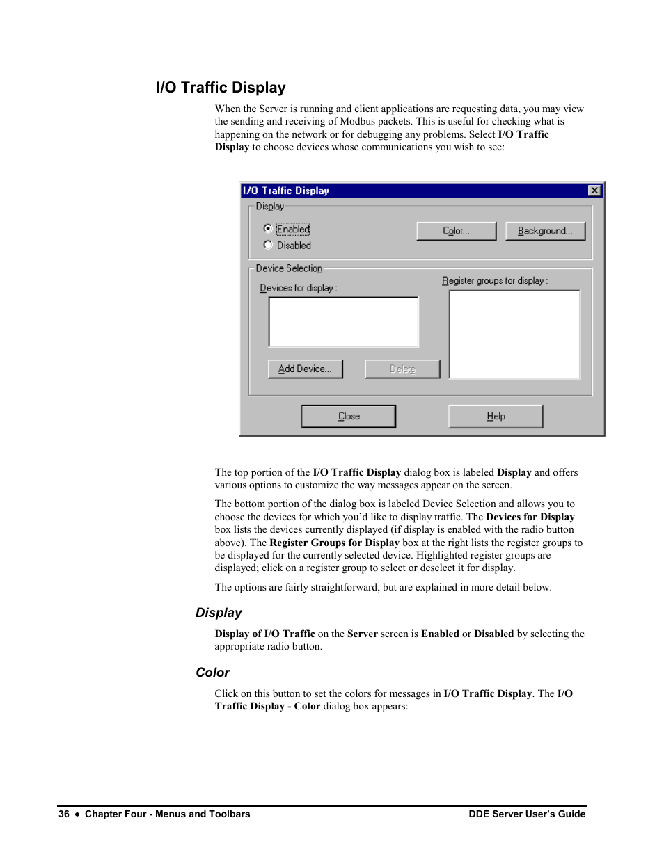 I/o traffic display, Display, Color | Black Box GEH-6510 User Manual | Page 39 / 92