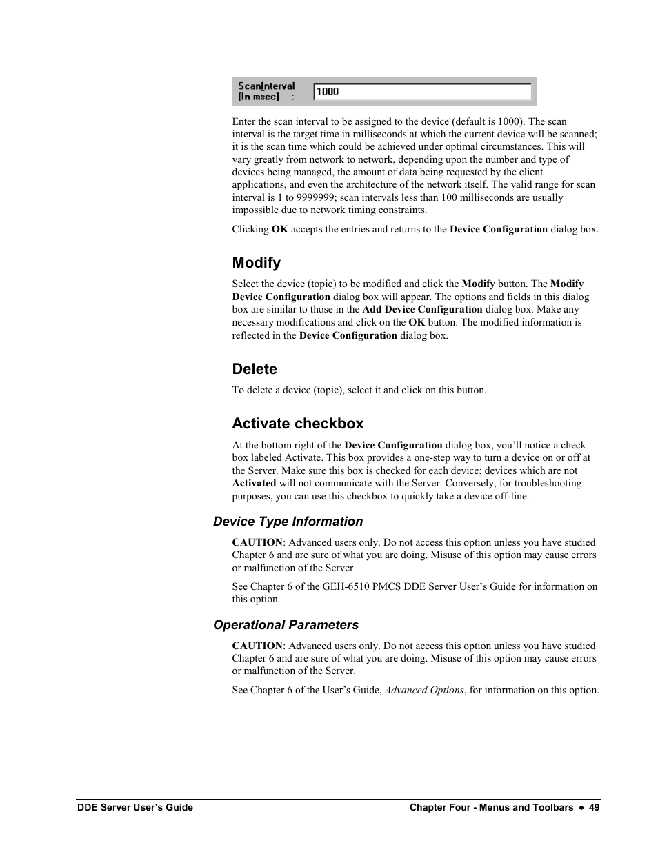 Modify, Delete, Activate checkbox | Device type information, Operational parameters | Black Box GEH-6510 User Manual | Page 52 / 92