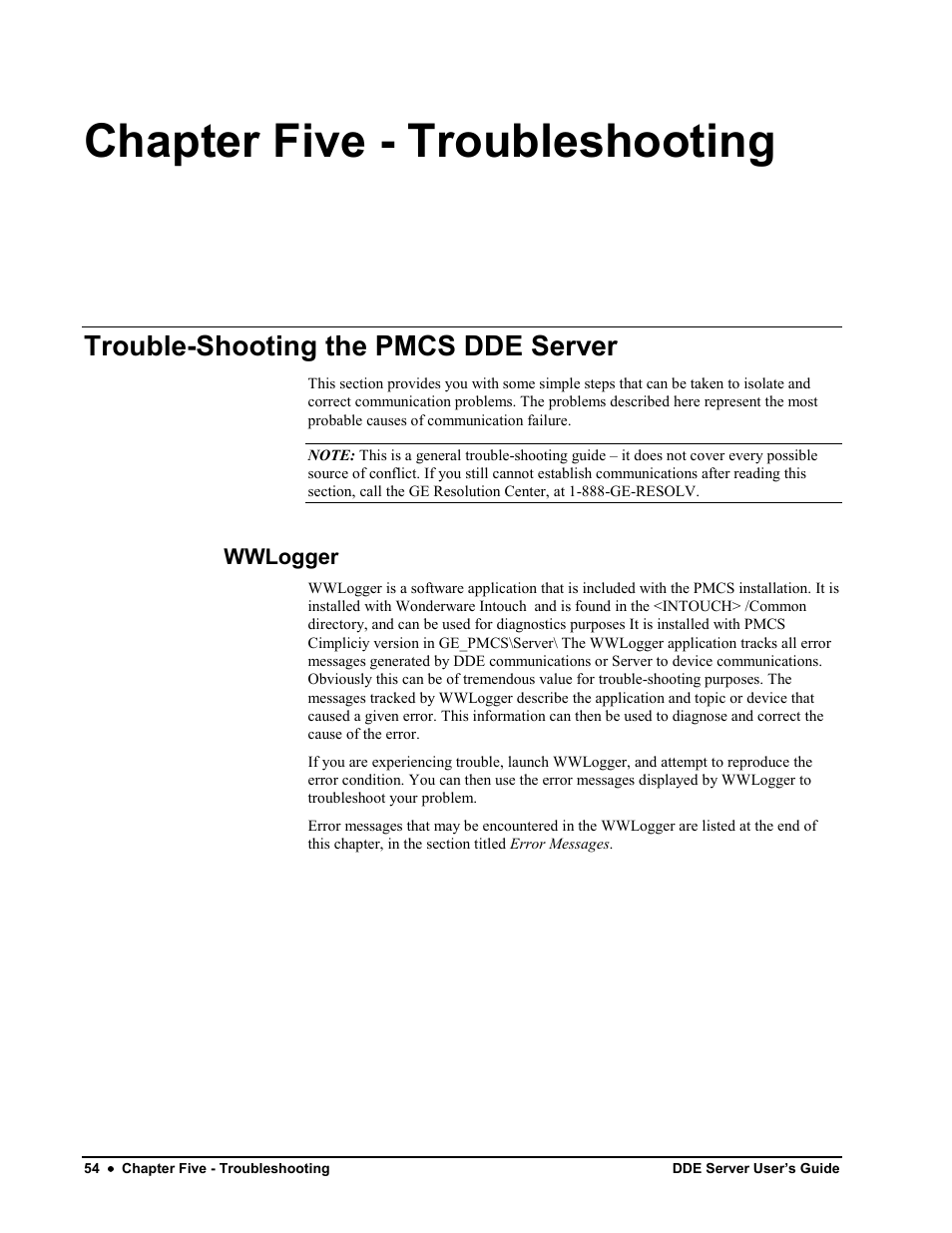 Chapter five ˚ troubleshooting, Trouble-shooting the pmcs dde server, Wwlogger | Chapter five - troubleshooting | Black Box GEH-6510 User Manual | Page 57 / 92