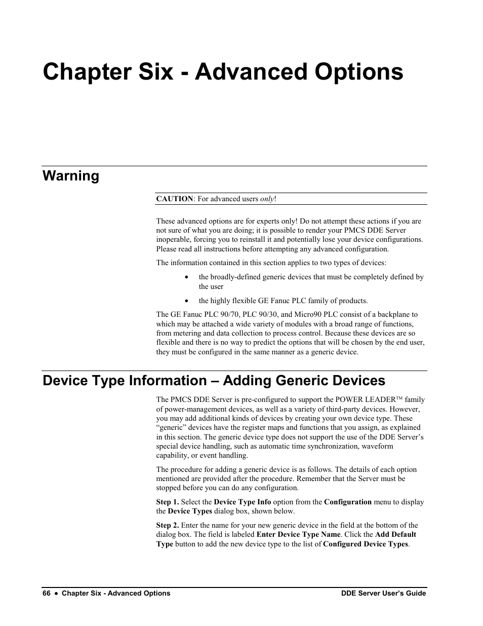 Chapter six ˚ advanced options, Warning, Device type information – adding generic devices | Chapter six - advanced options | Black Box GEH-6510 User Manual | Page 69 / 92