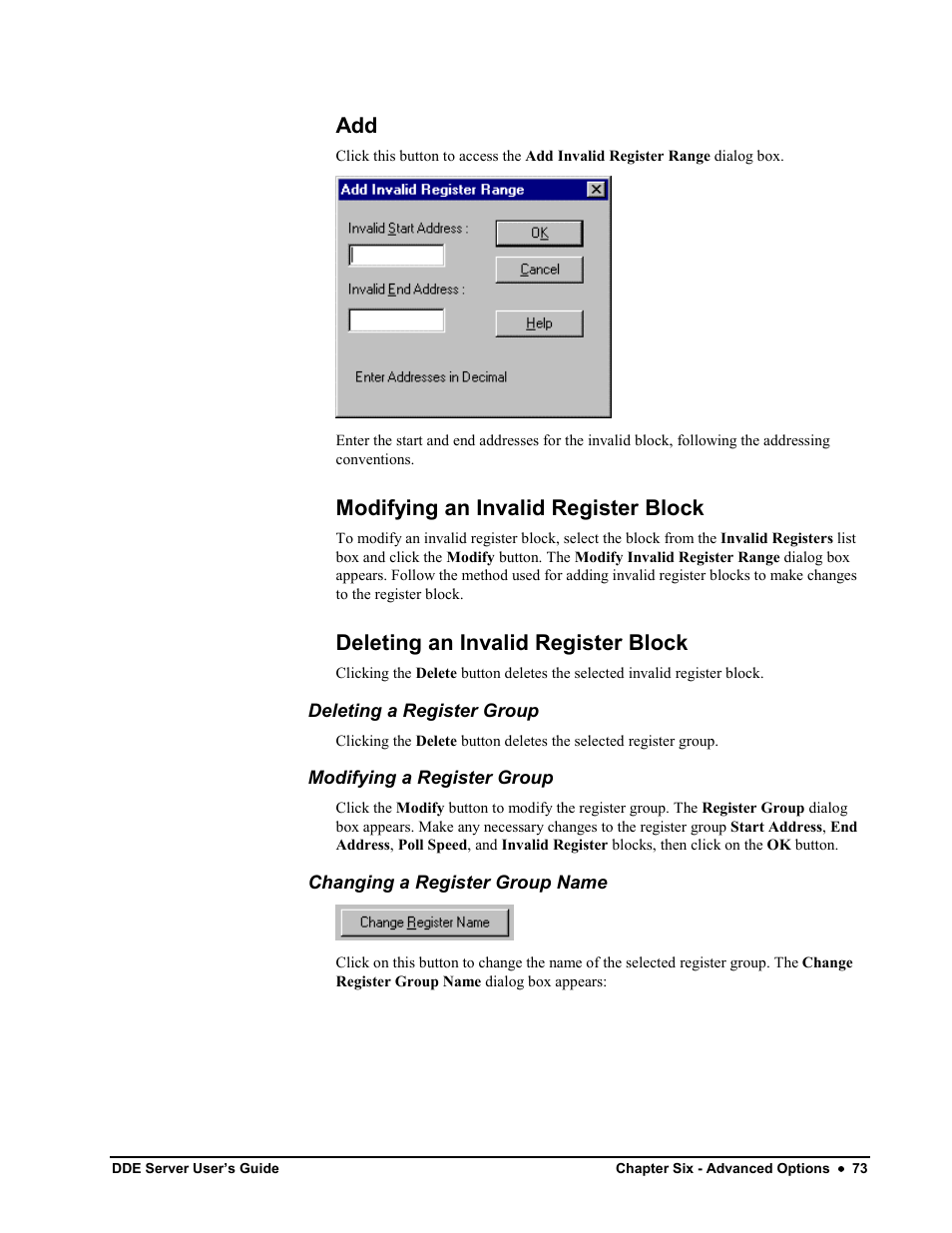 Modifying an invalid register block, Deleting an invalid register block, Deleting a register group | Modifying a register group, Changing a register group name | Black Box GEH-6510 User Manual | Page 76 / 92