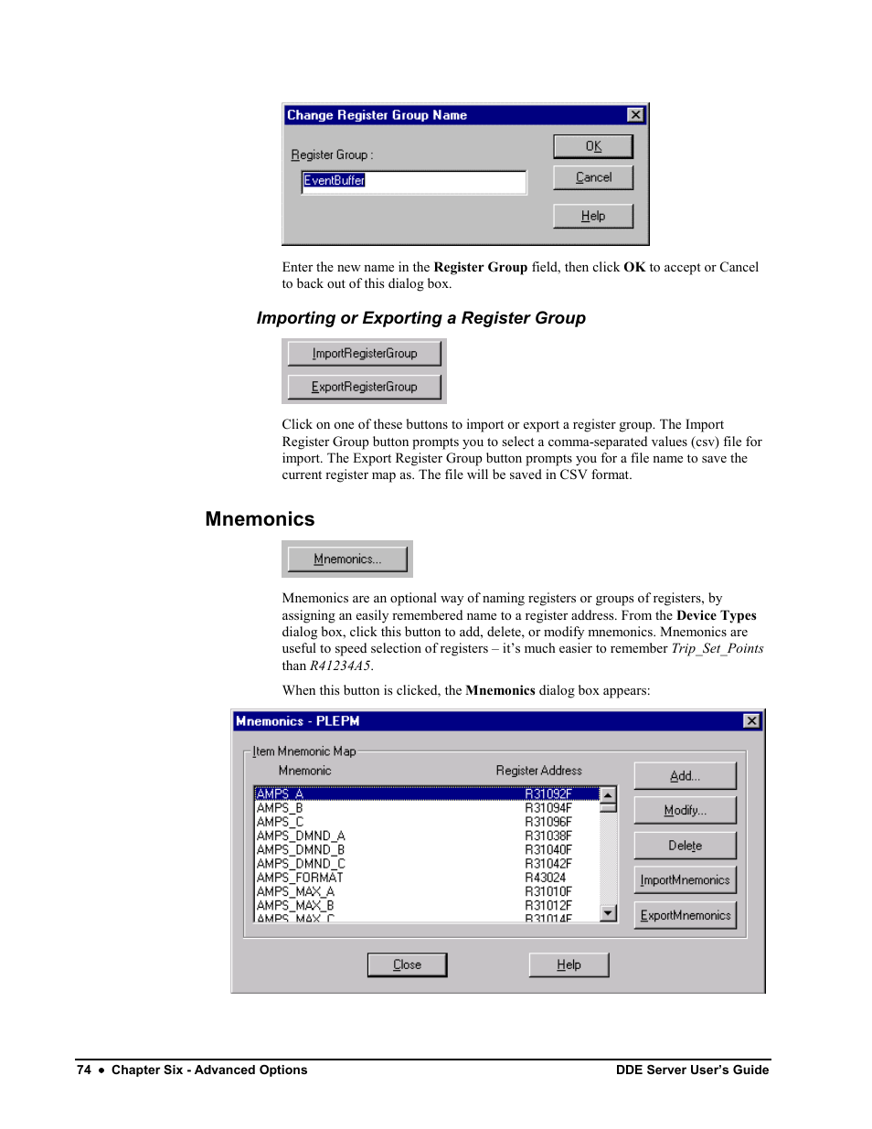 Importing or exporting a register group, Mnemonics | Black Box GEH-6510 User Manual | Page 77 / 92