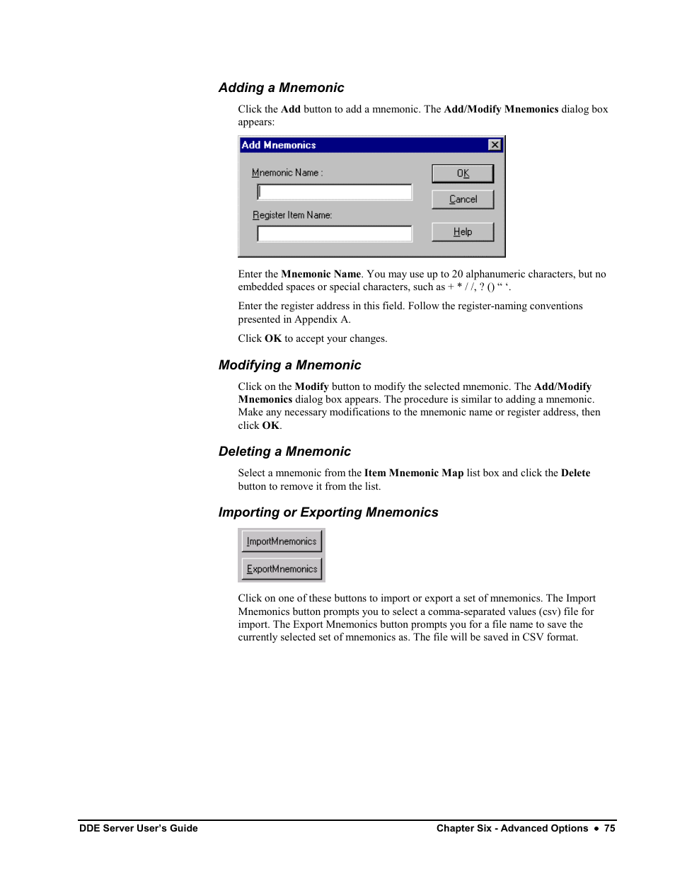 Adding a mnemonic, Modifying a mnemonic, Deleting a mnemonic | Importing or exporting mnemonics | Black Box GEH-6510 User Manual | Page 78 / 92