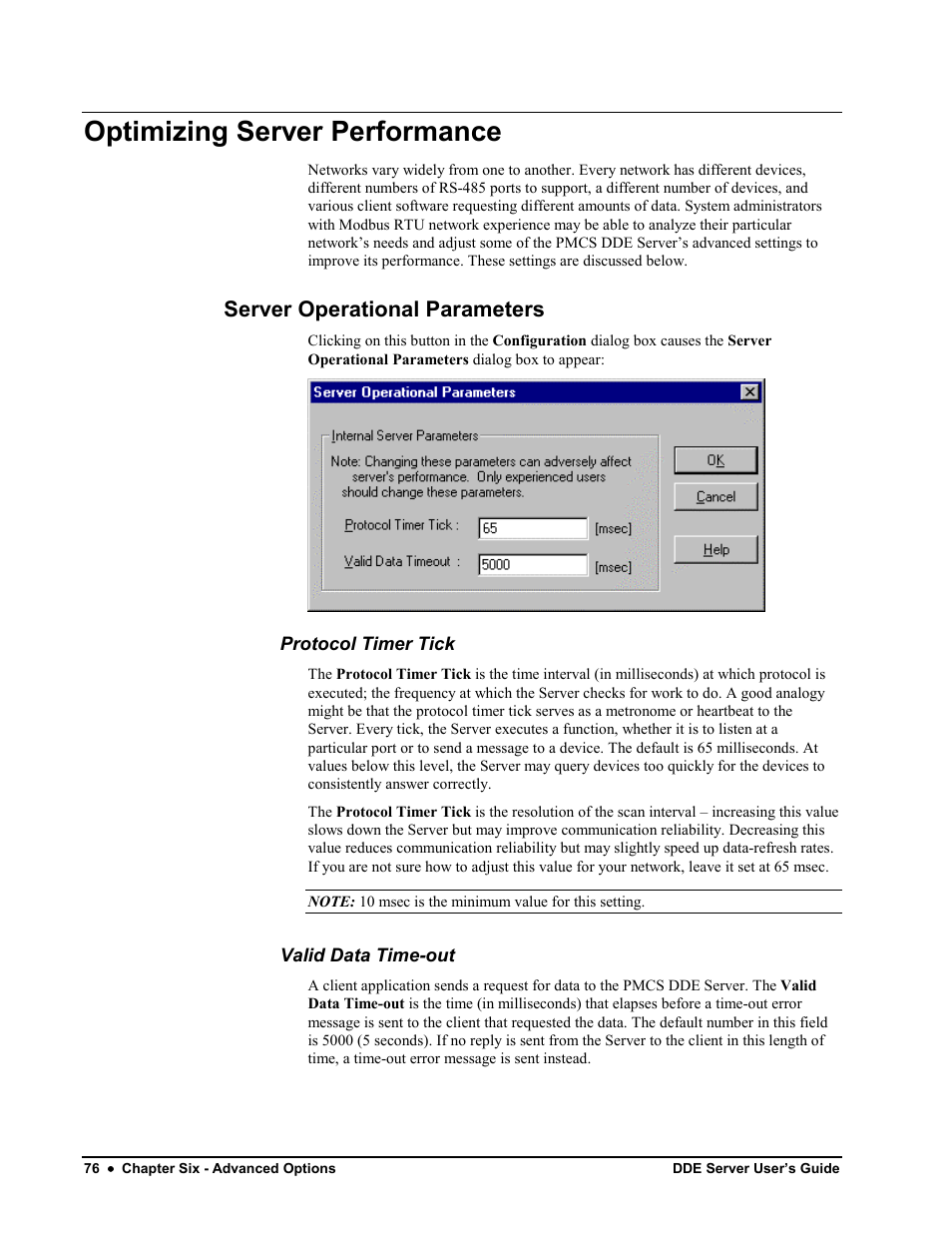 Optimizing server performance, Server operational parameters, Protocol timer tick | Valid data time-out | Black Box GEH-6510 User Manual | Page 79 / 92