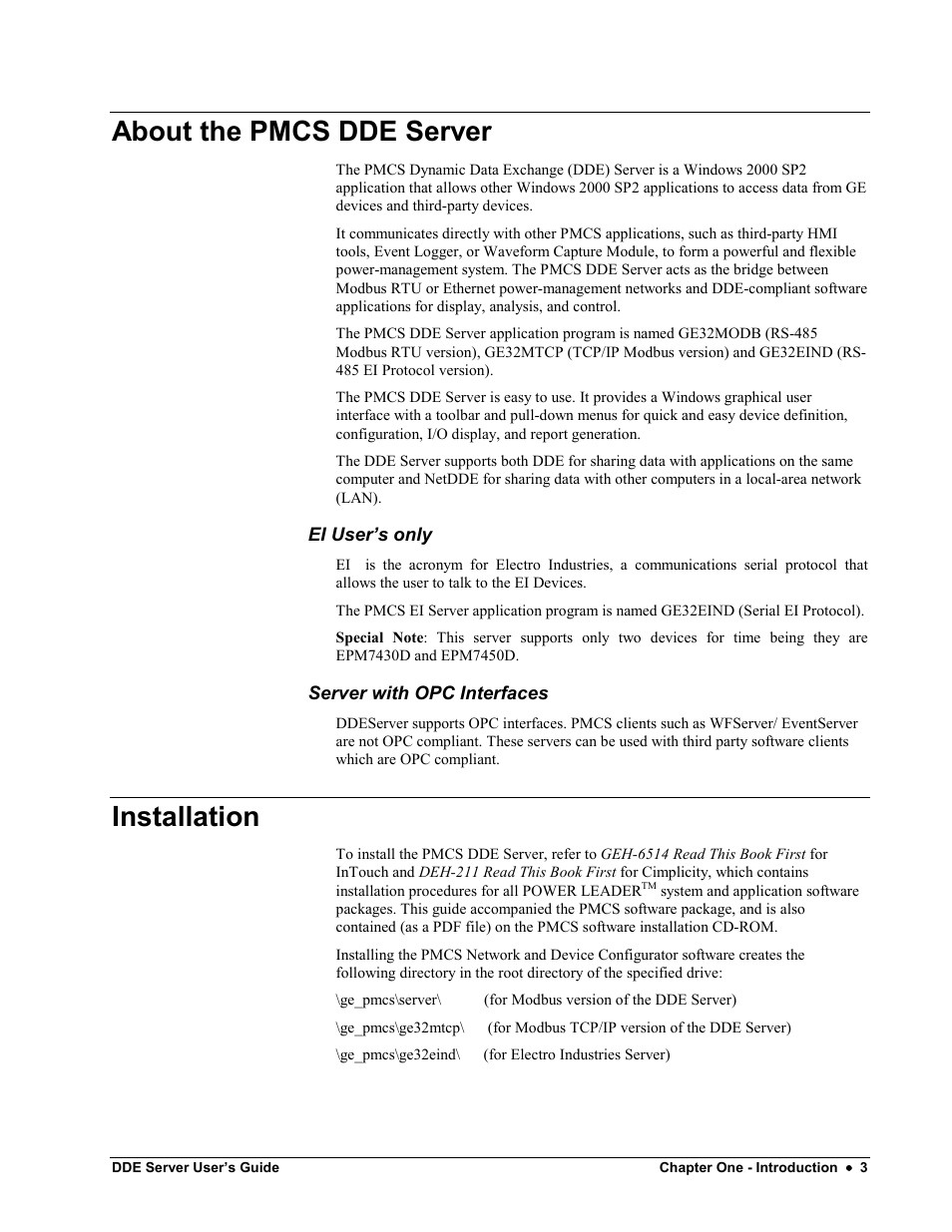 About the pmcs dde server, Ei user’s only, Server with opc interfaces | Installation, About the pmcs dde server installation | Black Box GEH-6510 User Manual | Page 8 / 92