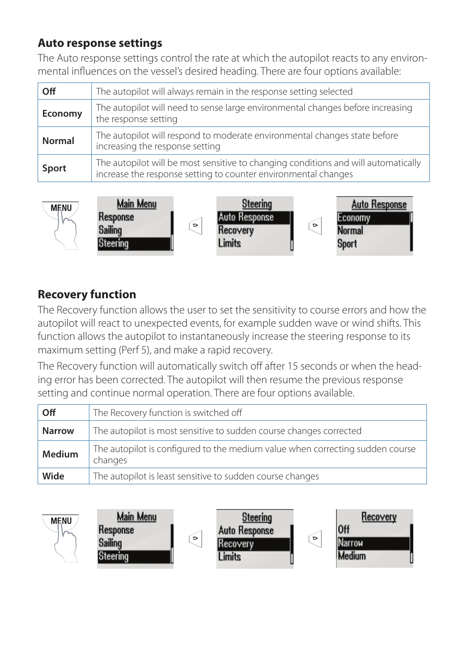 Auto response settings, Recovery function | B&G H5000 Pilot Controller User Manual | Page 3 / 6