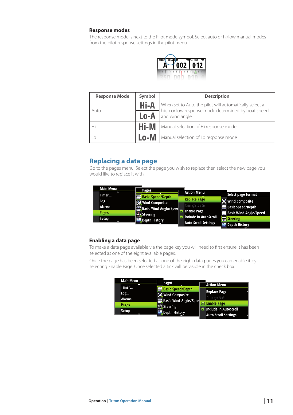 Hi-a, Lo-a, Hi-m | Lo-m, Replacing a data page | B&G Triton Display User Manual | Page 13 / 68