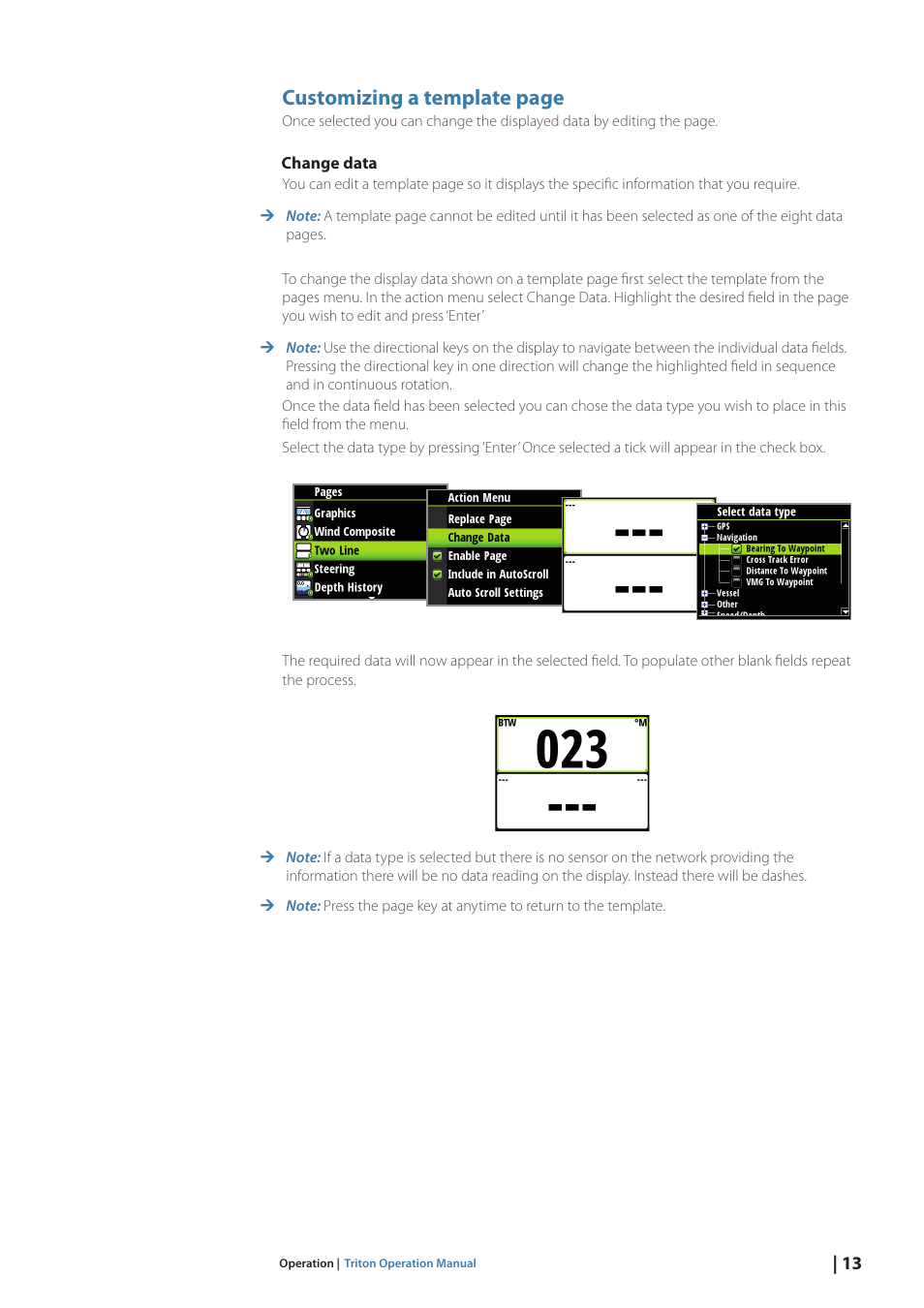 Customizing a template page | B&G Triton Display User Manual | Page 15 / 68