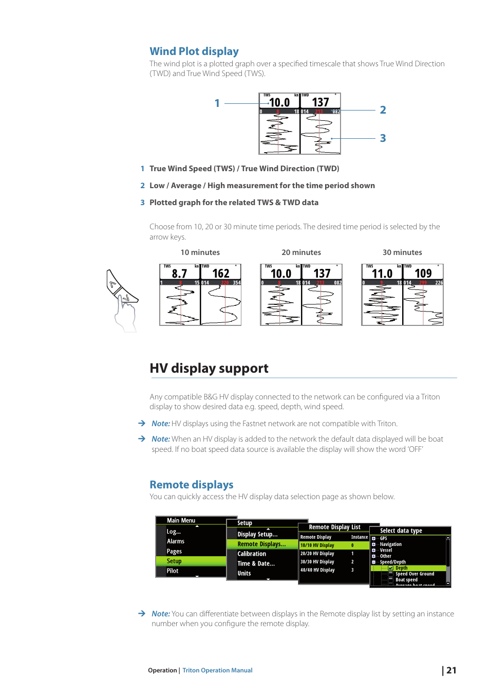 Hv display support, Wind plot display, Remote displays | B&G Triton Display User Manual | Page 23 / 68