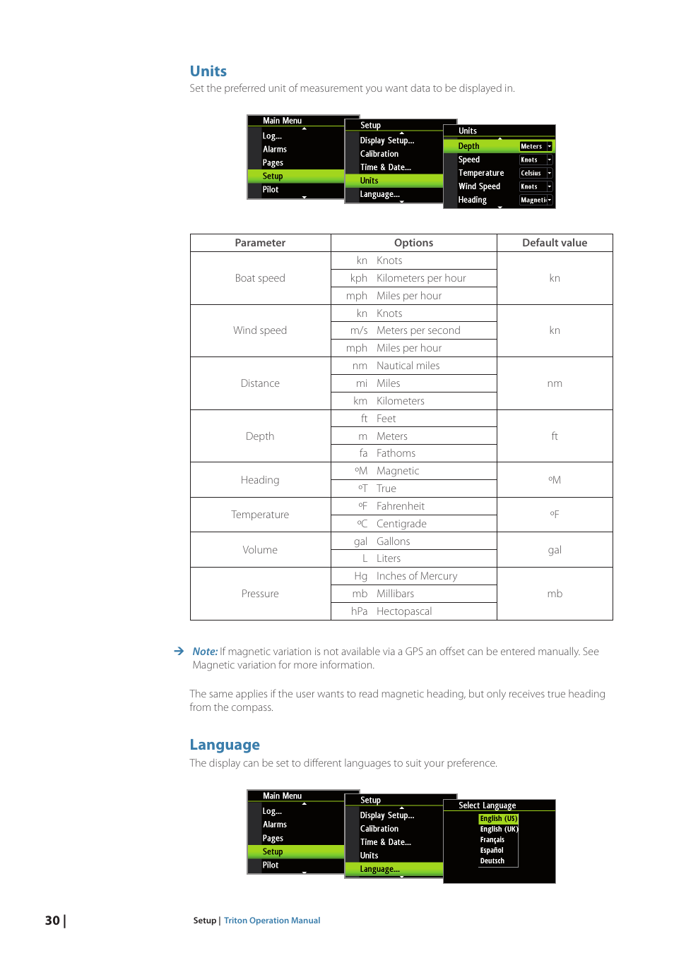 Units, Language | B&G Triton Display User Manual | Page 32 / 68