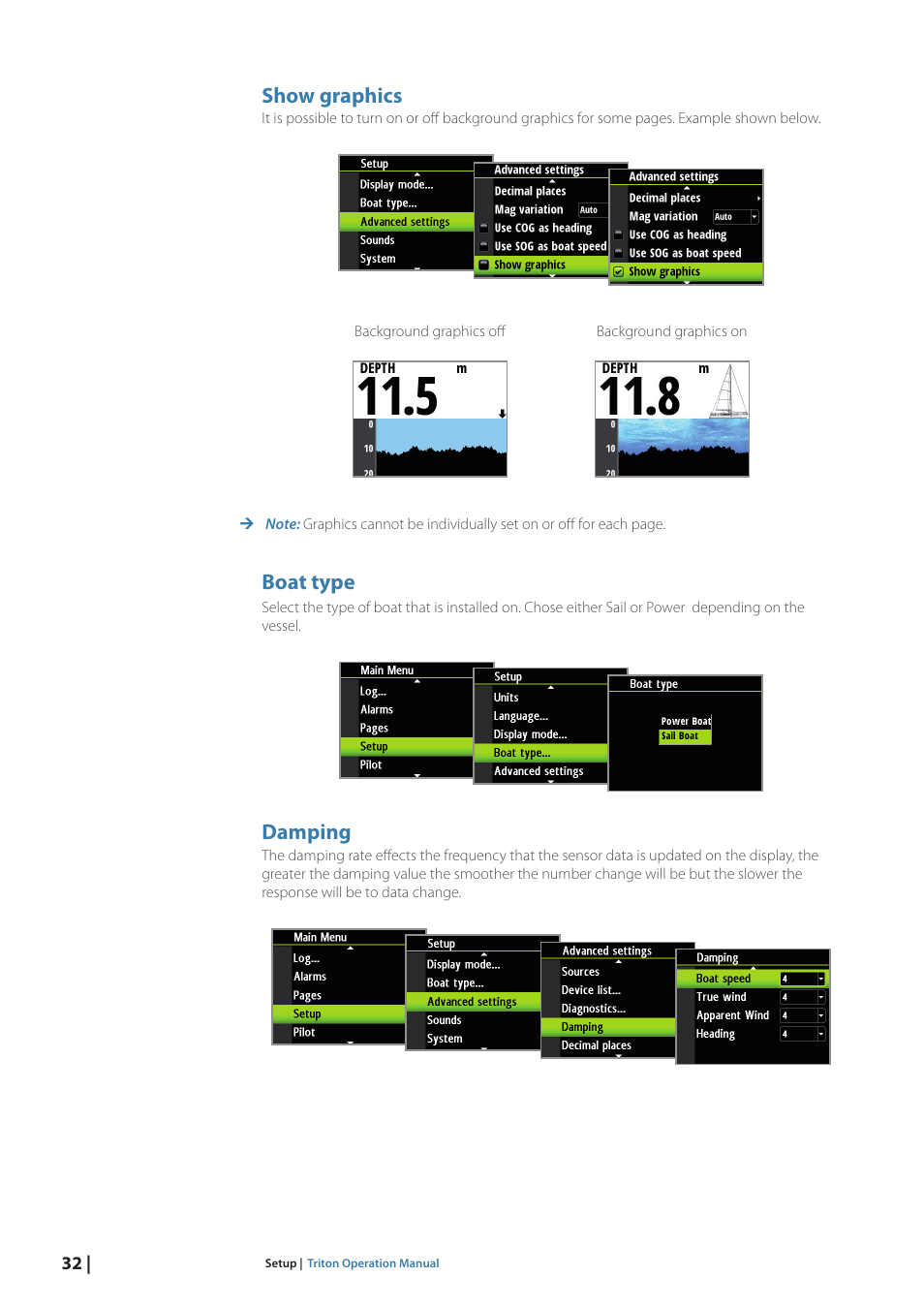 Show graphics, Boat type, Damping | B&G Triton Display User Manual | Page 34 / 68