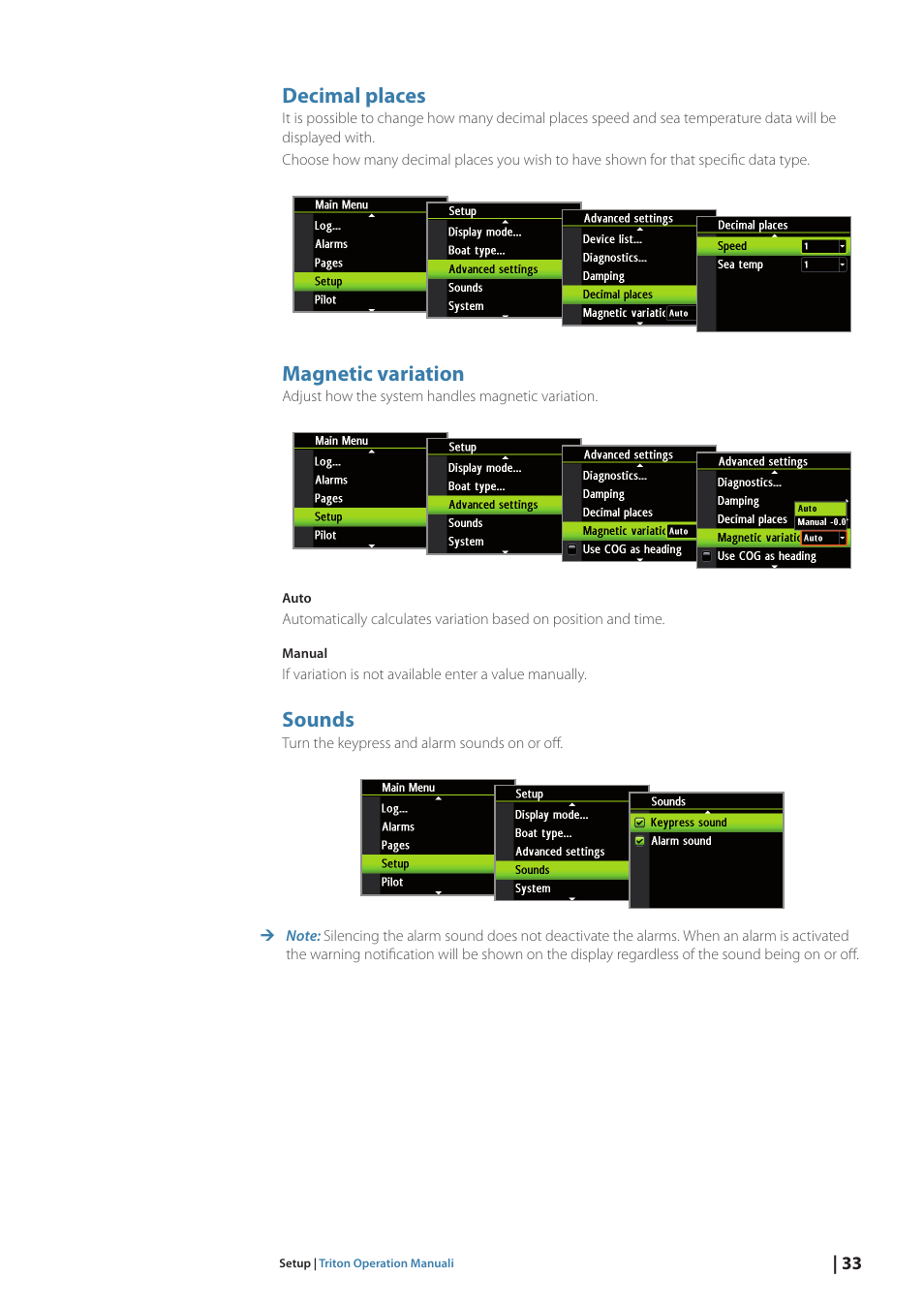 Decimal places, Magnetic variation, Sounds | B&G Triton Display User Manual | Page 35 / 68