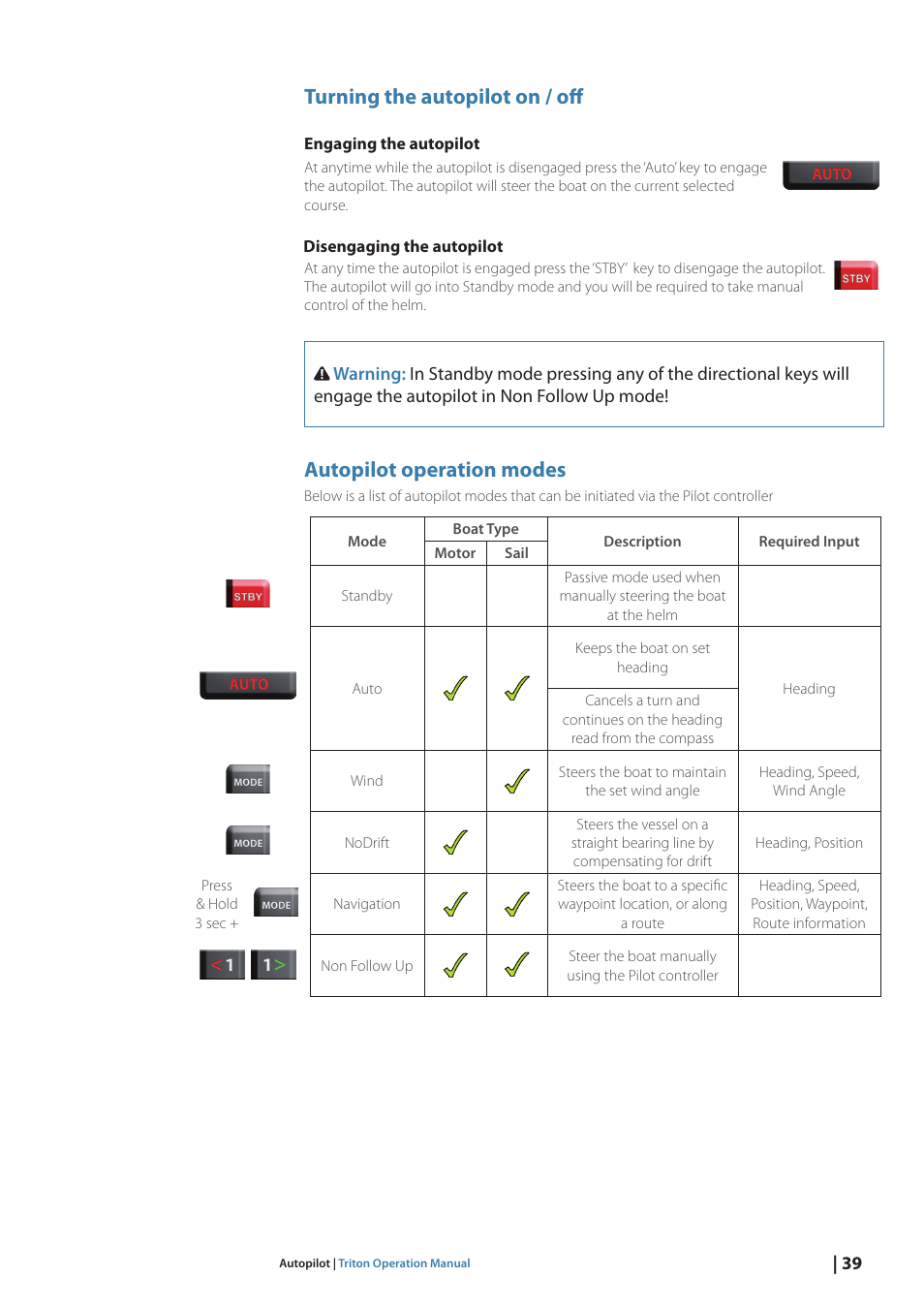 Turning the autopilot on / off, Autopilot operation modes | B&G Triton Display User Manual | Page 41 / 68