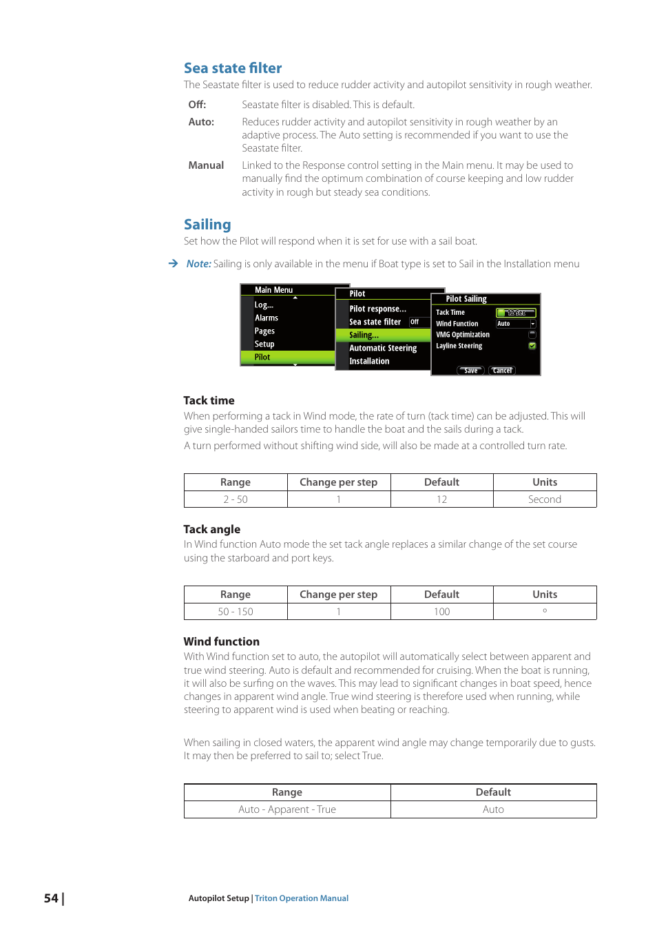 Sea state filter, Sailing | B&G Triton Display User Manual | Page 56 / 68