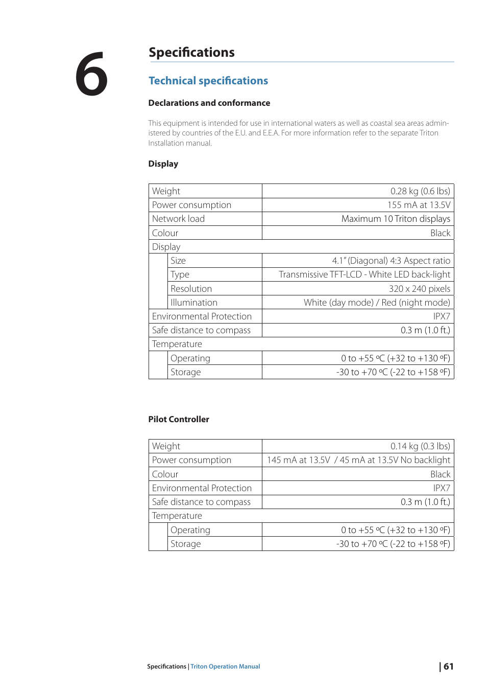 Specifications | B&G Triton Display User Manual | Page 63 / 68