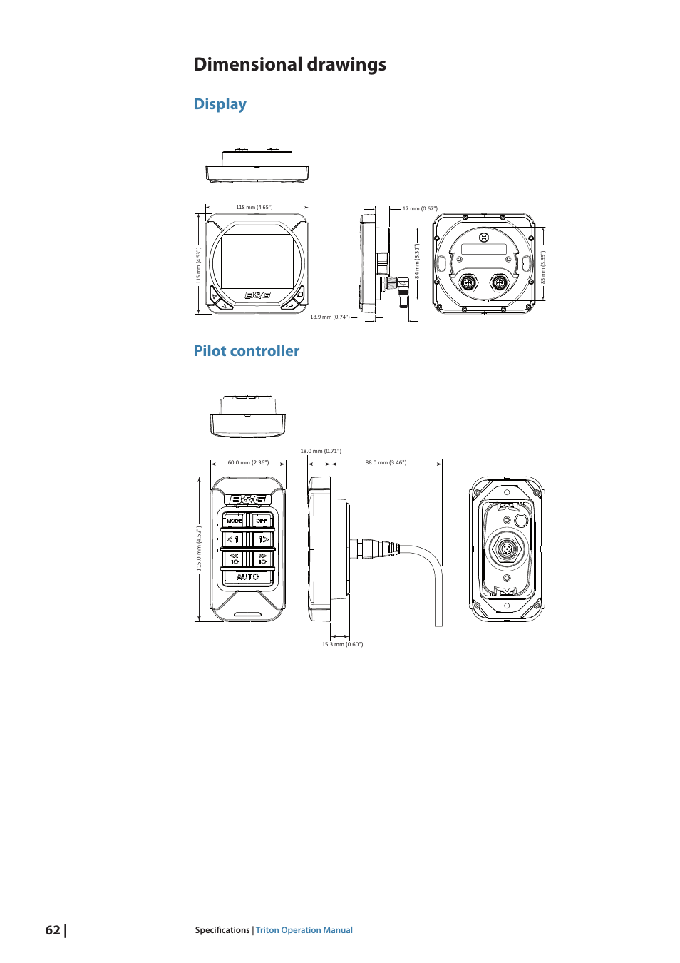 Dimensional drawings, Display, Pilot controller | B&G Triton Display User Manual | Page 64 / 68