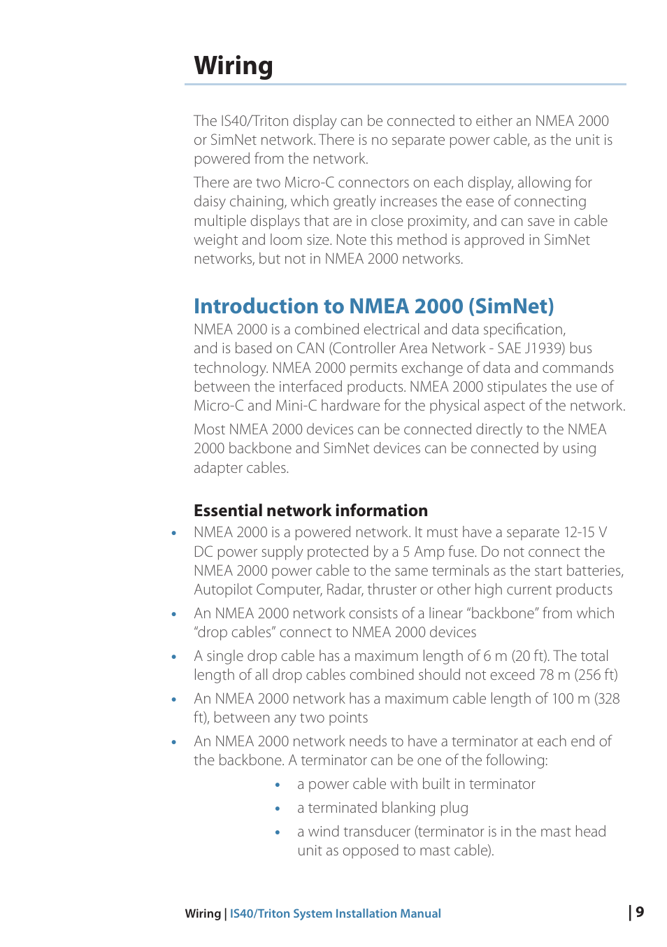 Wiring, Introduction to nmea 2000 (simnet), 9 wiring | B&G Triton Display User Manual | Page 11 / 22