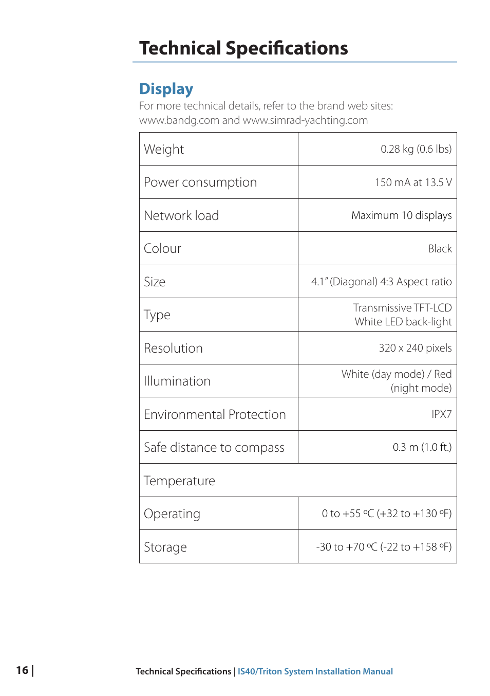Technical specifications, Display, 16 technical specifications | 16 display | B&G Triton Display User Manual | Page 18 / 22
