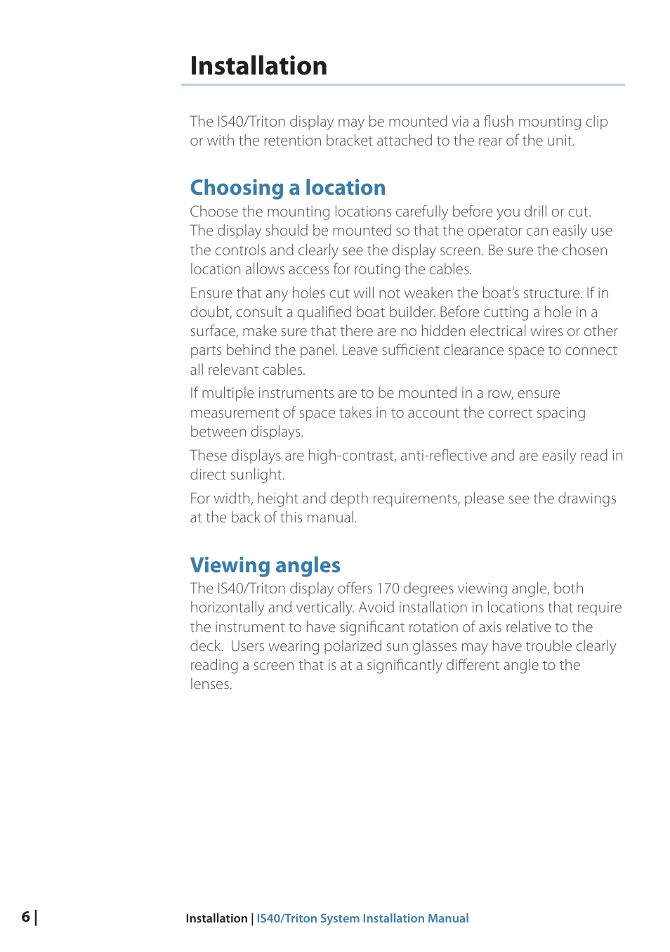 Installation, Choosing a location, Viewing angles | 6 installation | B&G Triton Display User Manual | Page 8 / 22