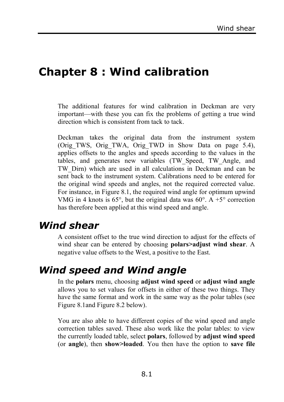 Chapter 8 : wind calibration, Wind shear, Wind speed and wind angle | B&G Deckman User Manual | Page 124 / 196