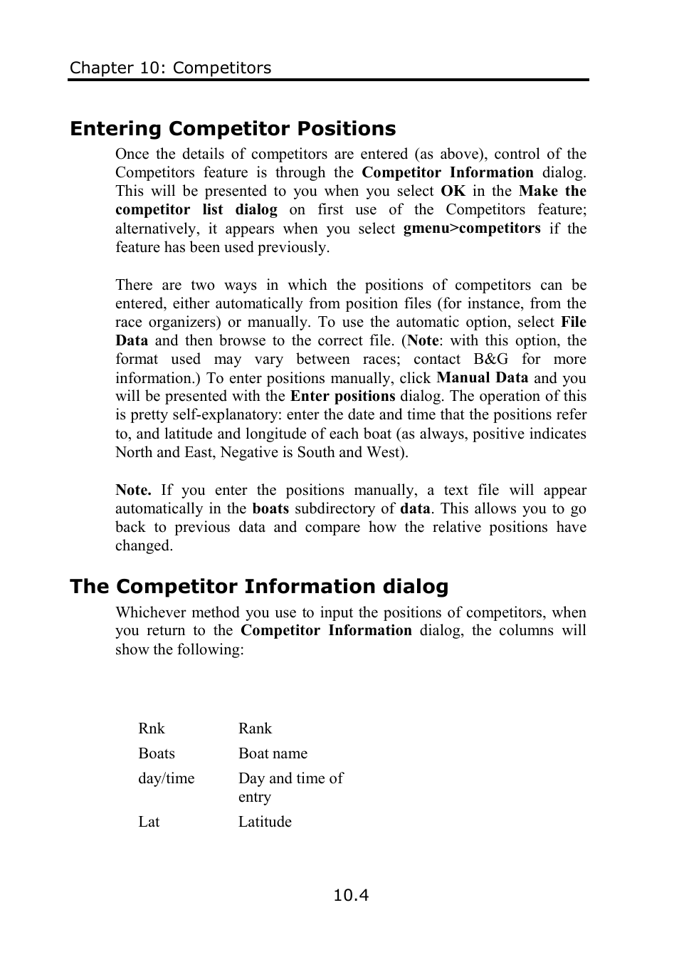 Entering competitor positions, The competitor information dialog | B&G Deckman User Manual | Page 153 / 196