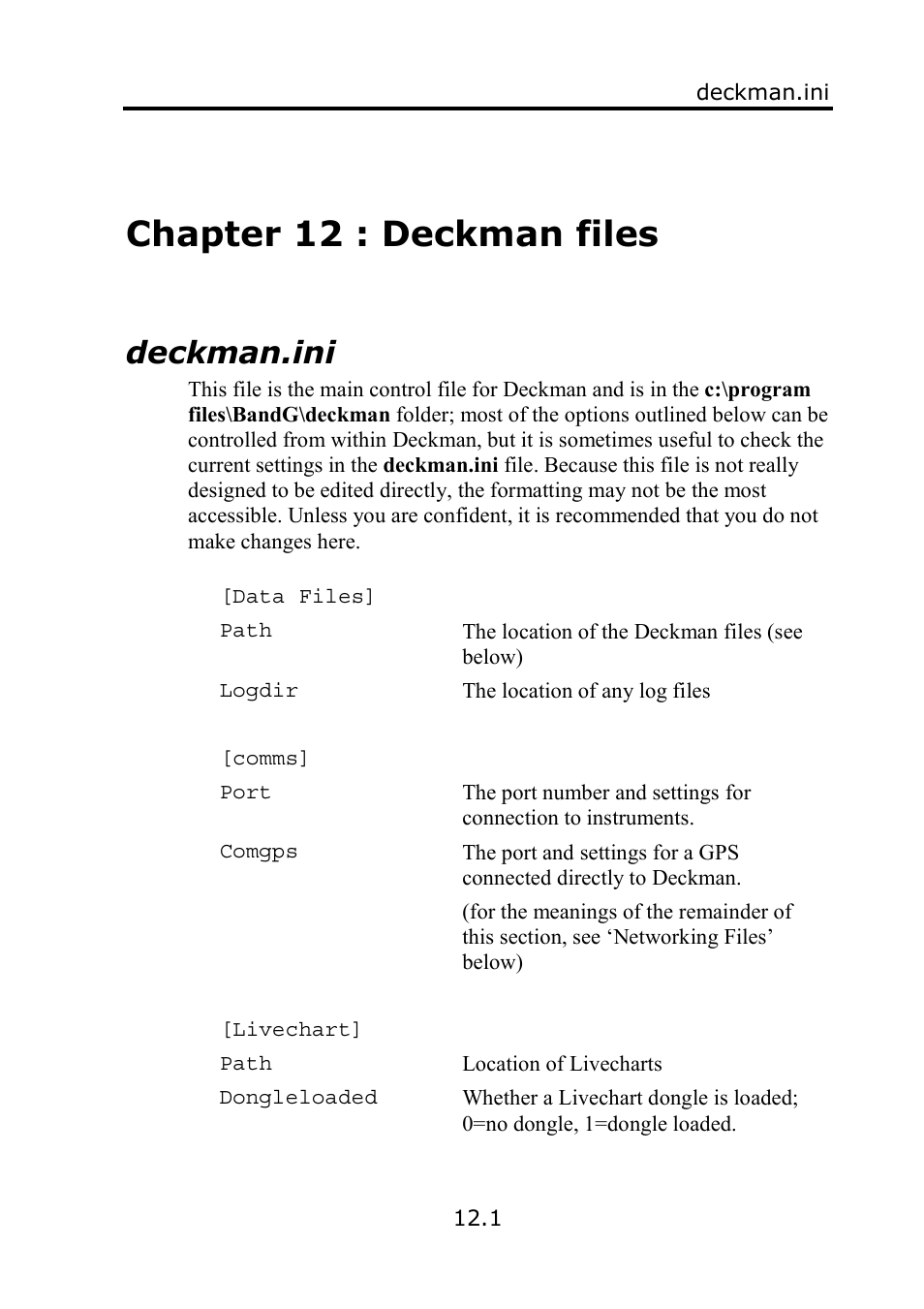 Chapter 12 : deckman files, Deckman.ini | B&G Deckman User Manual | Page 160 / 196