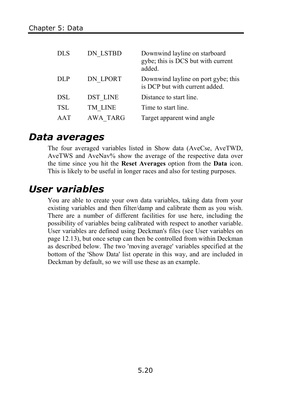 Data averages, User variables | B&G Deckman User Manual | Page 97 / 196