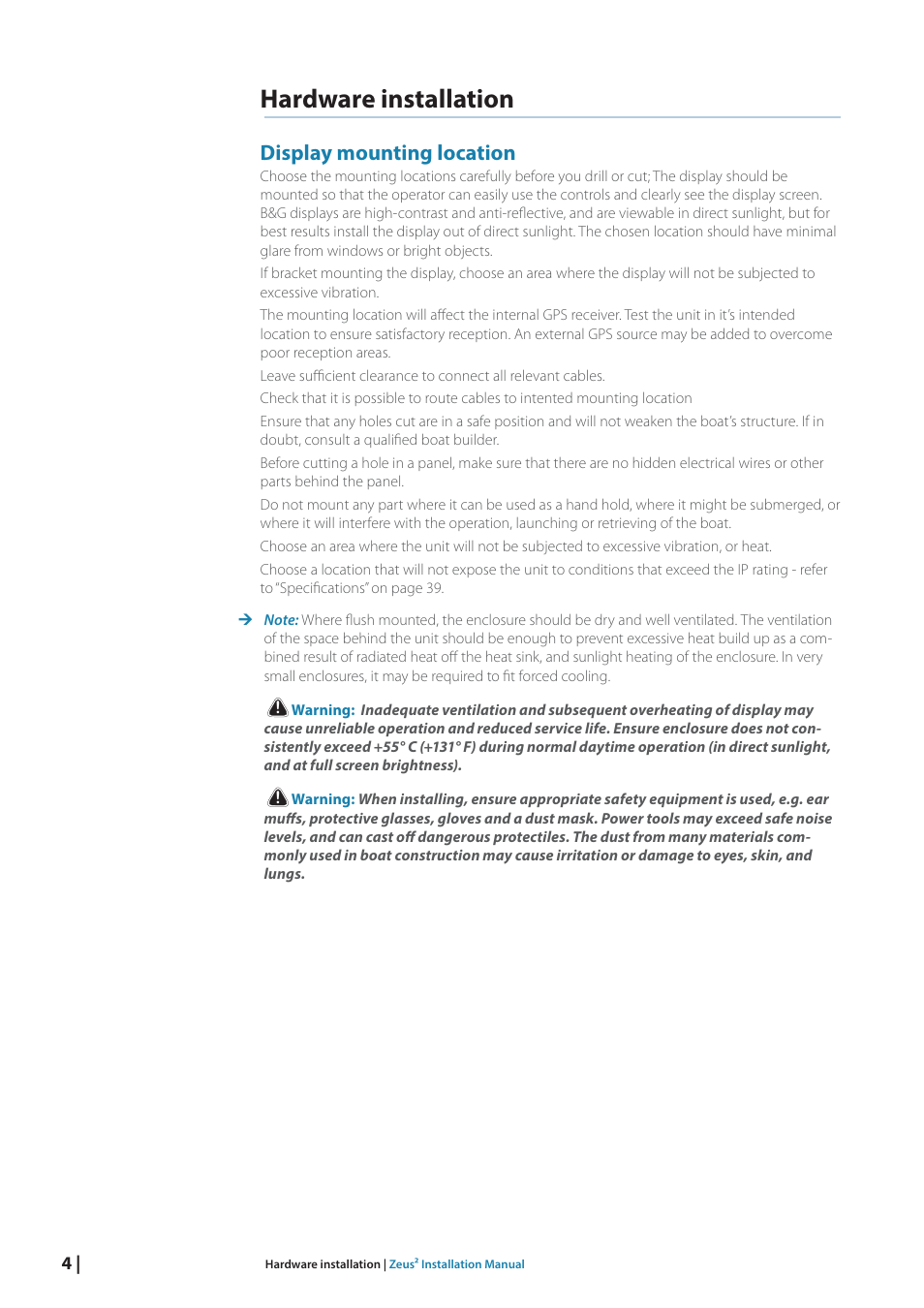 Hardware installation, Display mounting location | B&G Zeus2 12 User Manual | Page 10 / 50
