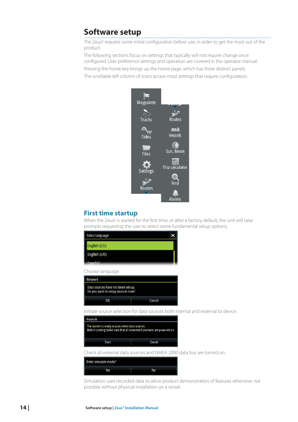 Software setup, First time startup | B&G Zeus2 12 User Manual | Page 20 / 50