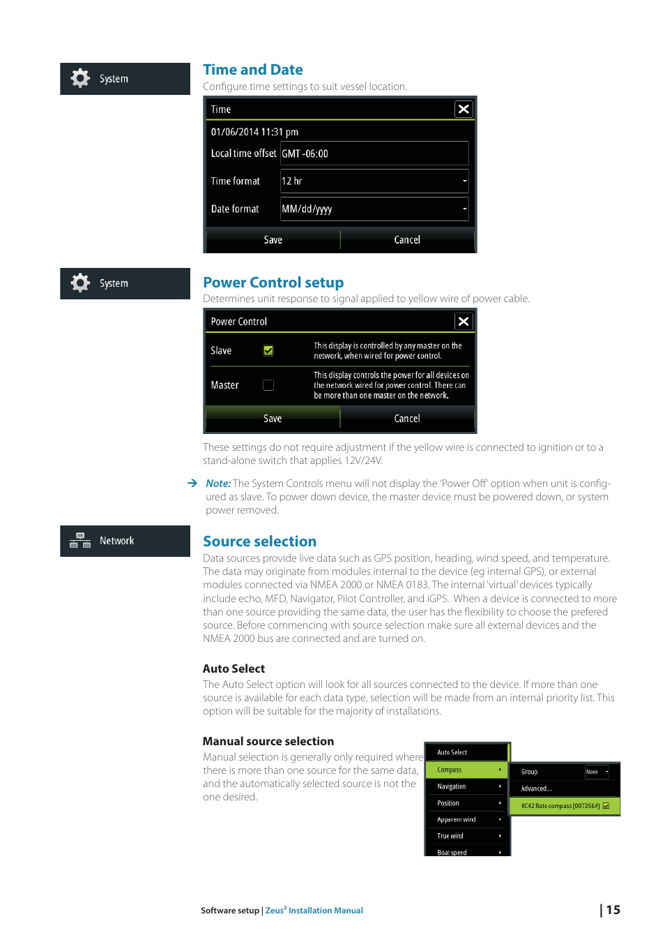 Time and date, Power control setup, Source selection | B&G Zeus2 12 User Manual | Page 21 / 50