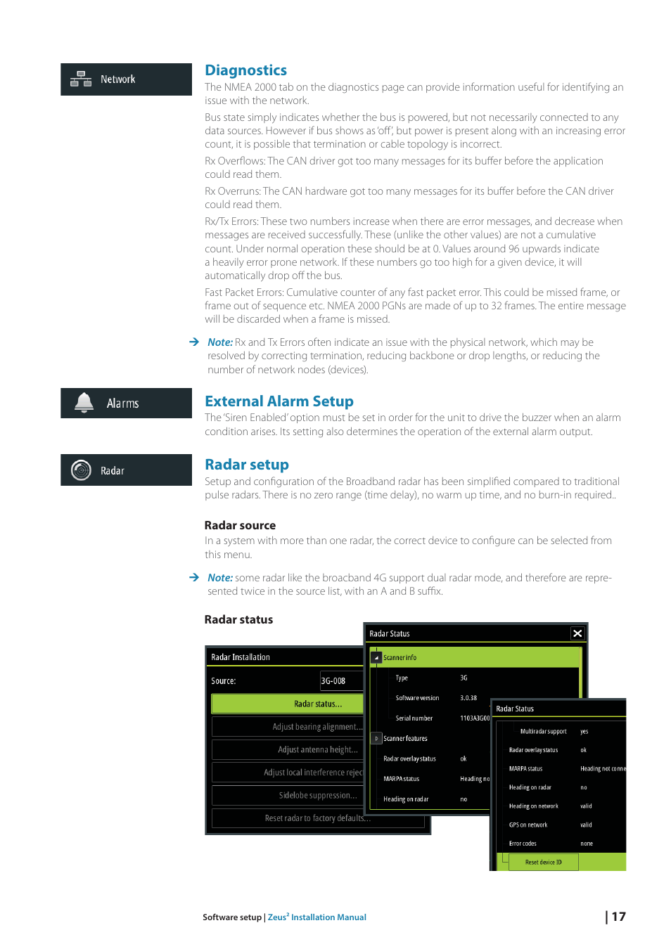 Diagnostics, External alarm setup, Radar setup | B&G Zeus2 12 User Manual | Page 23 / 50
