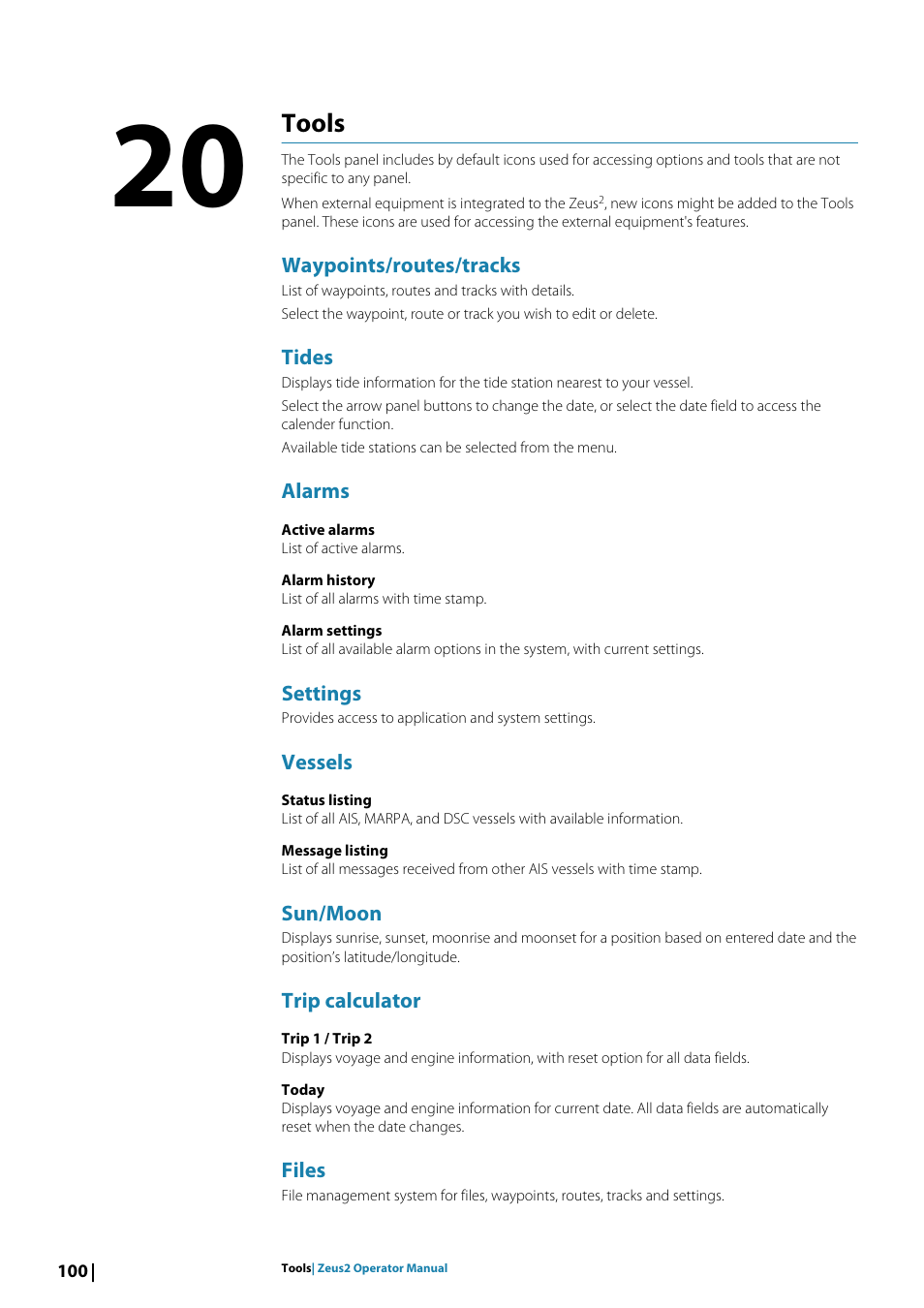 Tools20tools, Waypoints/routes/tracks, Tides | Alarms, Settings, Vessels, Sun/moon, Trip calculator, Files, Tools | B&G Zeus2 12 User Manual | Page 100 / 108