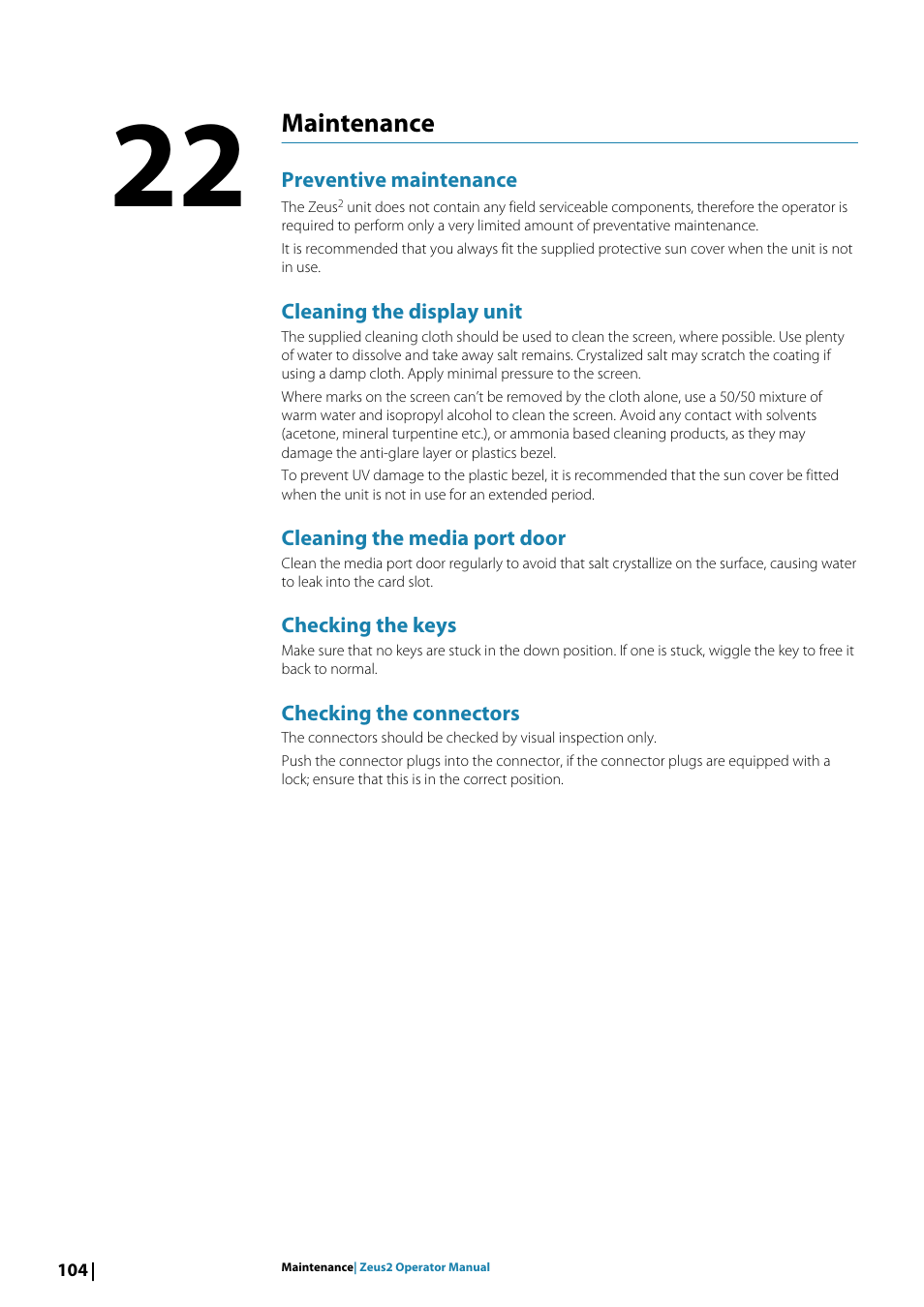Maintenance22maintenance, Preventive maintenance, Cleaning the display unit | Cleaning the media port door, Checking the keys, Checking the connectors, Maintenance | B&G Zeus2 12 User Manual | Page 104 / 108