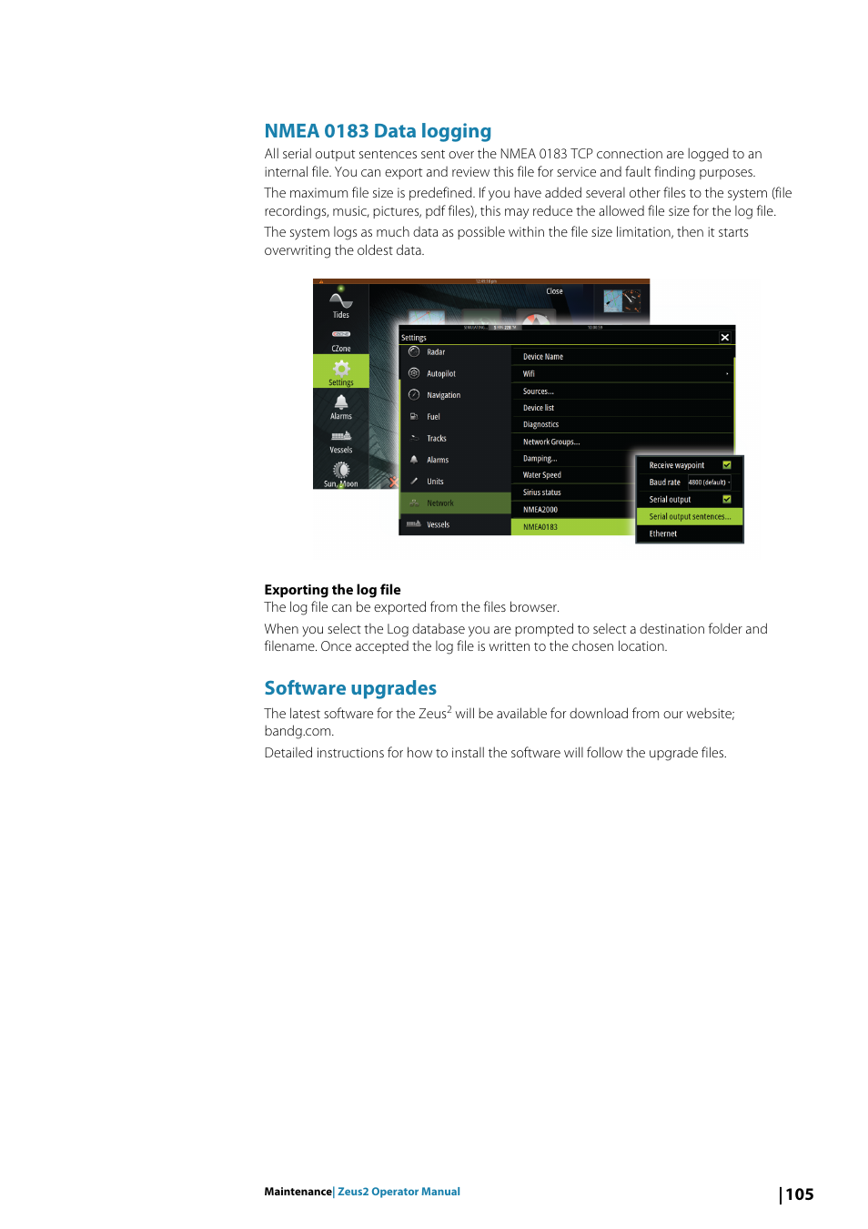Nmea 0183 data logging, Software upgrades | B&G Zeus2 12 User Manual | Page 105 / 108