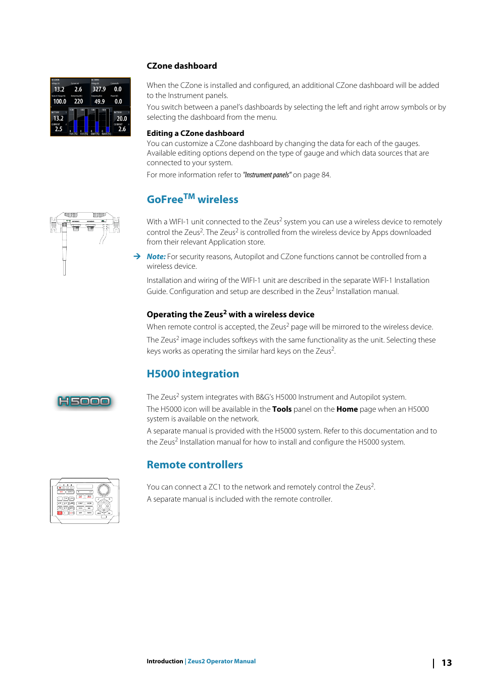Czone dashboard, Gofreetm wireless, Operating the zeus2 with a wireless device | H5000 integration, Remote controllers, Gofree, Wireless | B&G Zeus2 12 User Manual | Page 13 / 108