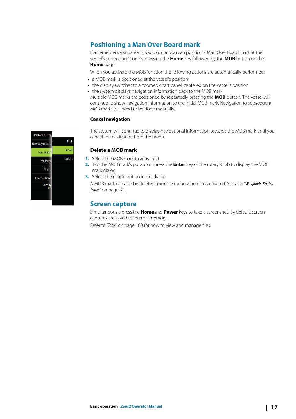 Positioning a man over board mark, Delete a mob mark, Screen capture | B&G Zeus2 12 User Manual | Page 17 / 108