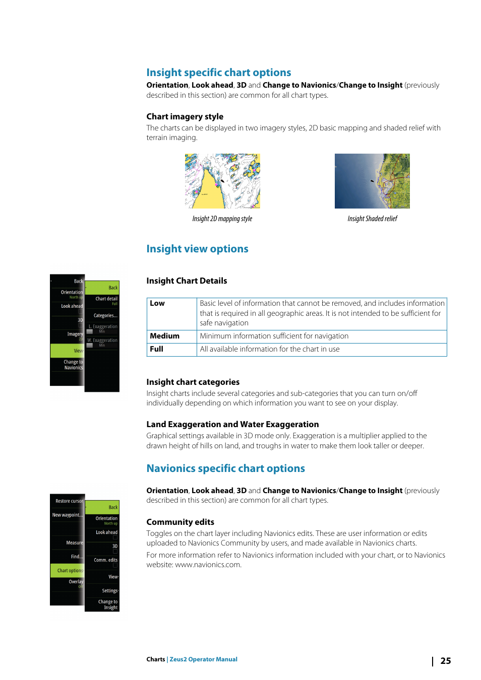 Insight specific chart options, Chart imagery style, Insight view options | Insight chart details, Insight chart categories, Land exaggeration and water exaggeration, Navionics specific chart options, Community edits | B&G Zeus2 12 User Manual | Page 25 / 108