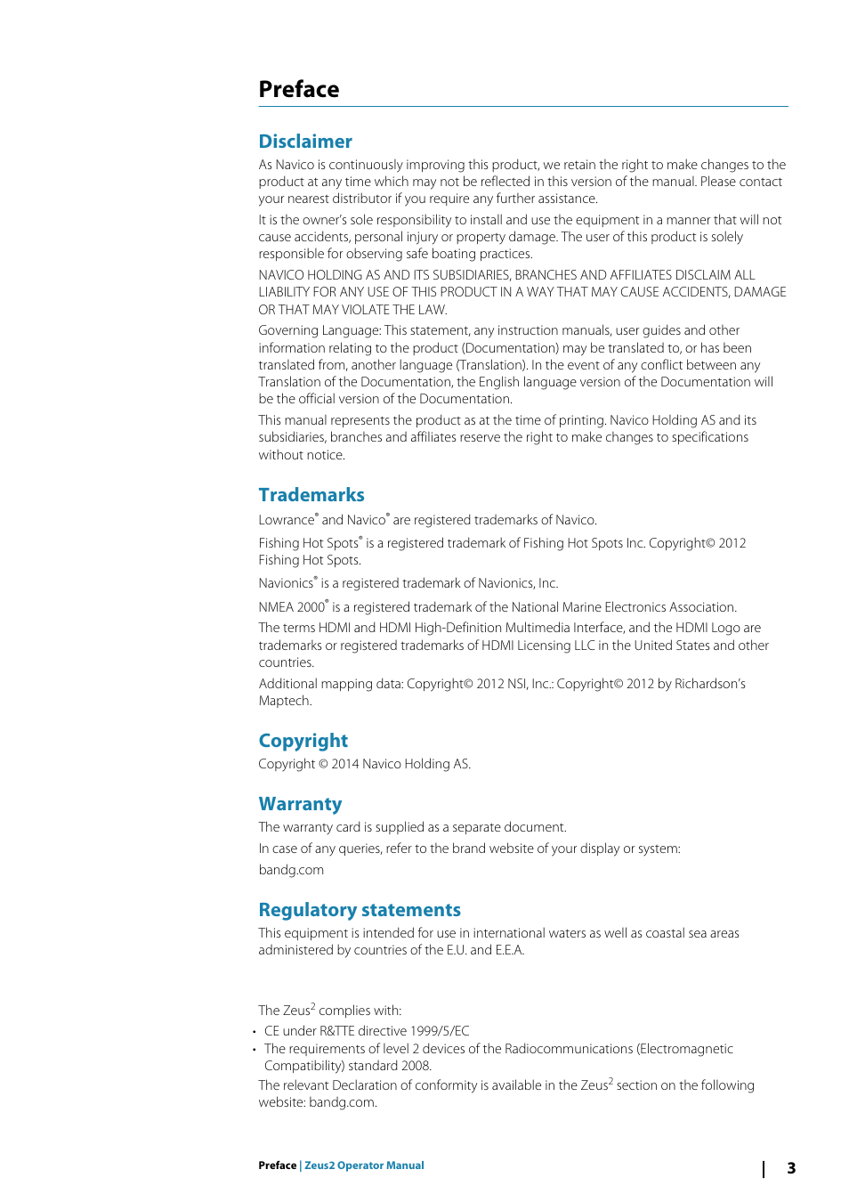 Prefacepreface, Disclaimer, Trademarks | Copyright, Warranty, Regulatory statements, About this manual, Preface | B&G Zeus2 12 User Manual | Page 3 / 108
