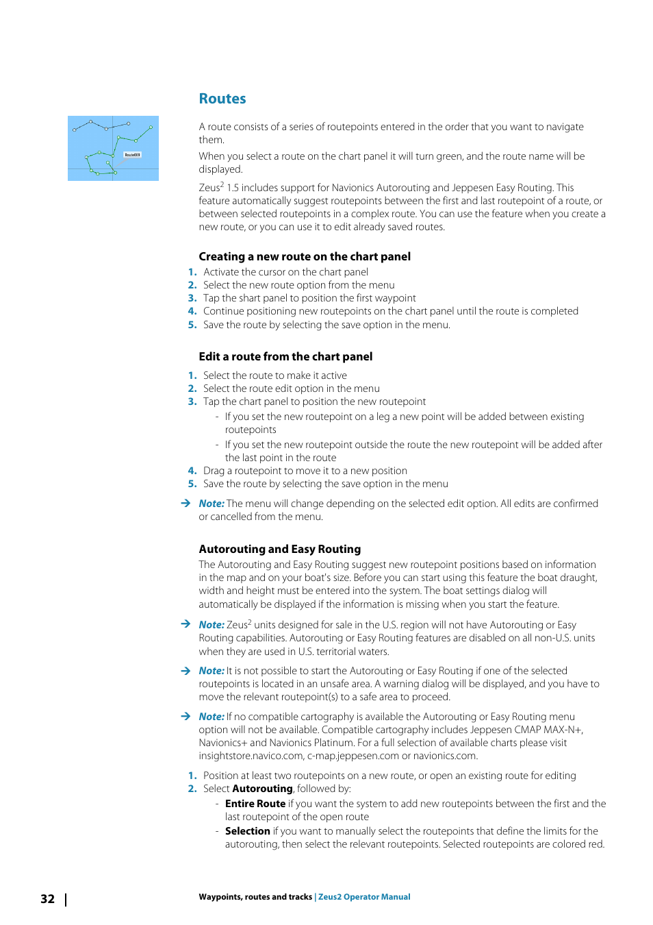 Routes, Creating a new route on the chart panel, Edit a route from the chart panel | Autorouting and easy routing | B&G Zeus2 12 User Manual | Page 32 / 108