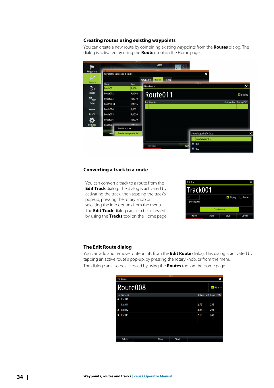 Creating routes using existing waypoints, Converting a track to a route, The edit route dialog | B&G Zeus2 12 User Manual | Page 34 / 108