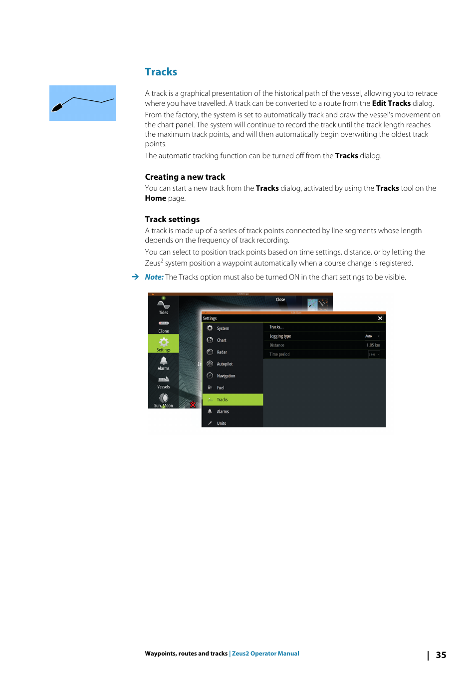 Tracks, Creating a new track, Track settings | B&G Zeus2 12 User Manual | Page 35 / 108