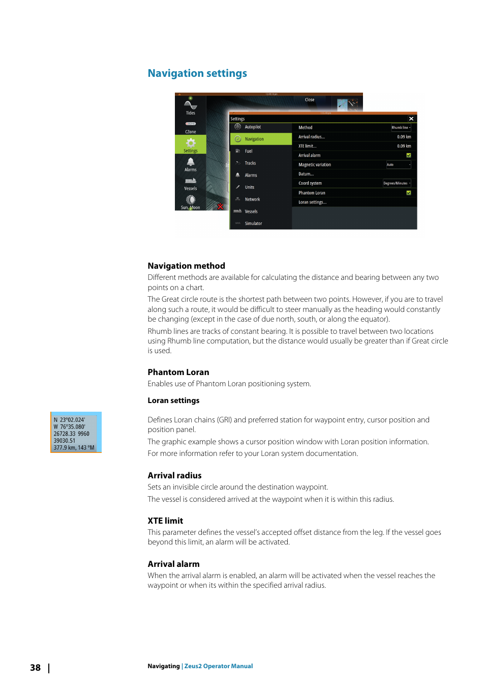 Navigation settings, Navigation method, Phantom loran | Arrival radius, Xte limit, Arrival alarm | B&G Zeus2 12 User Manual | Page 38 / 108